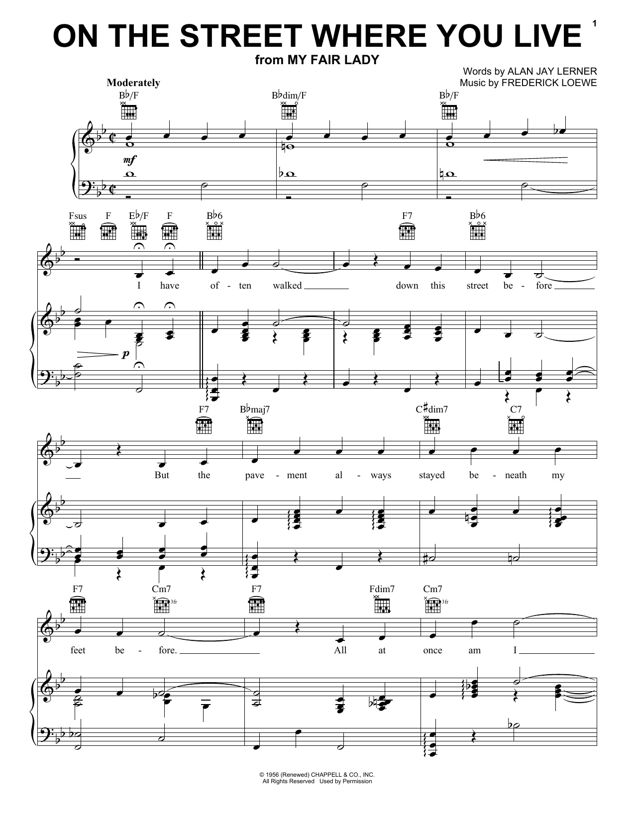 Lerner & Loewe On The Street Where You Live sheet music notes and chords. Download Printable PDF.