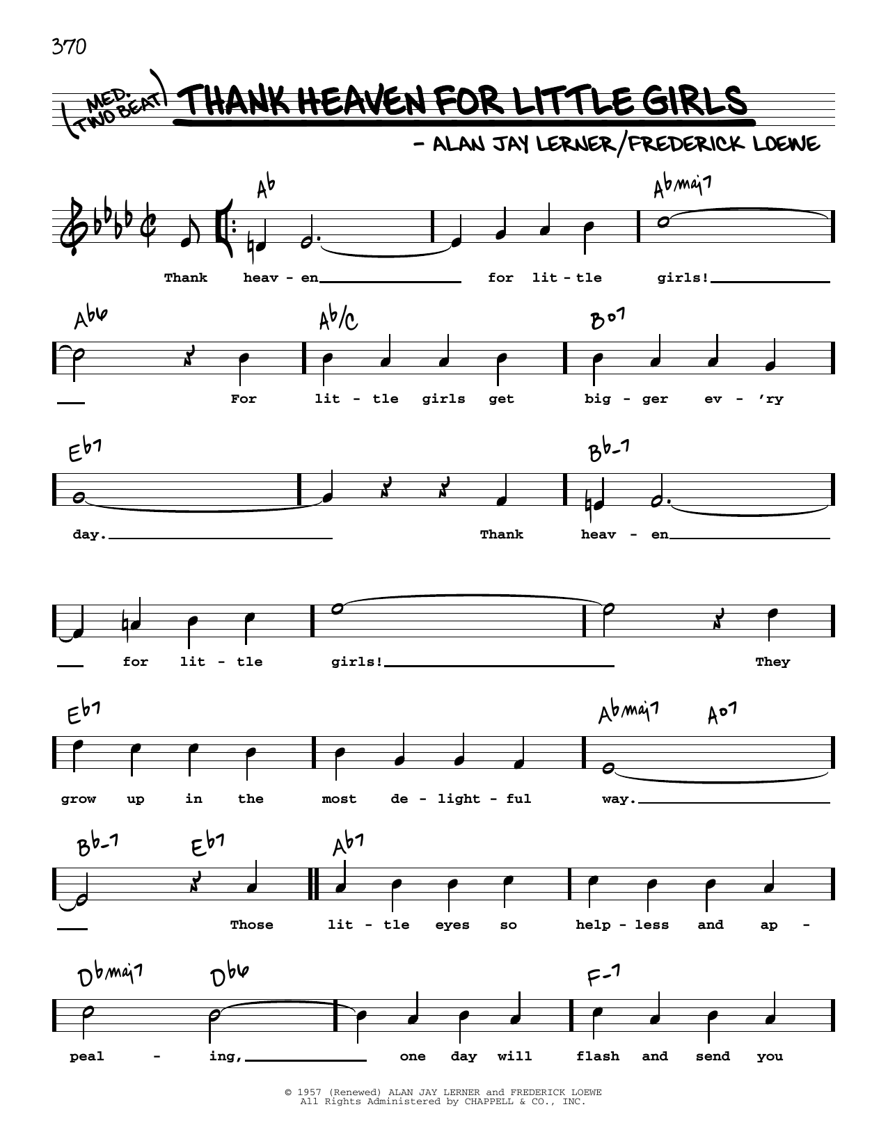 Learn to play Lerner & Loewe Thank Heaven For Little Girls (High Voice) sheet music for Real Book – Melody, Lyrics & Chords in minutes. Price: 5.9900$ Lerner & Loewe Thank Heaven For Little Girls (High Voice) sheet music notes and chords arranged for Real Book – Melody, Lyrics & Chords
