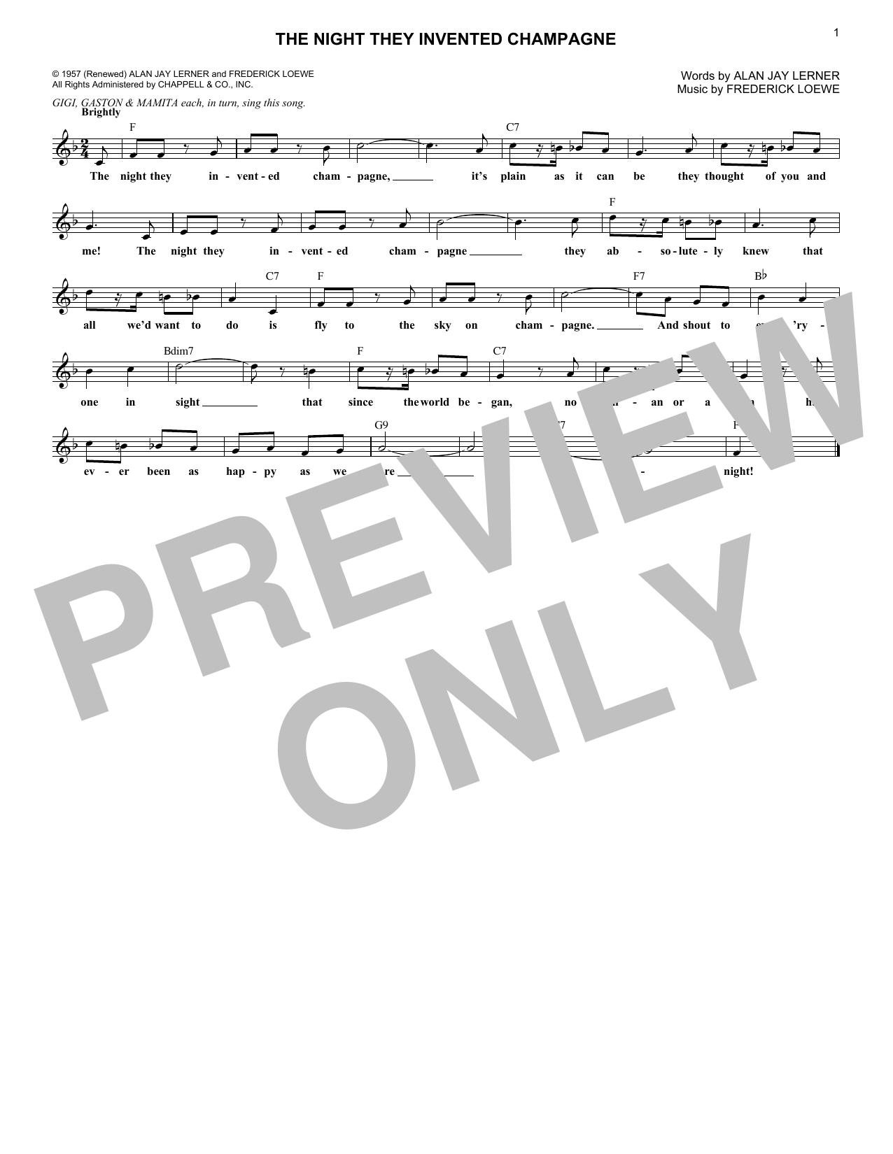 Learn to play Lerner & Loewe The Night They Invented Champagne (from Gigi) sheet music for Piano, Vocal & Guitar Chords (Right-Hand Melody) in minutes. Price: 7.8900$ Lerner & Loewe The Night They Invented Champagne (from Gigi) sheet music notes and chords arranged for Piano, Vocal & Guitar Chords (Right-Hand Melody)