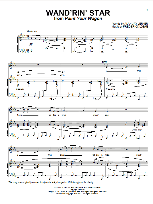Lerner & Loewe Wand'rin' Star sheet music notes and chords. Download Printable PDF.