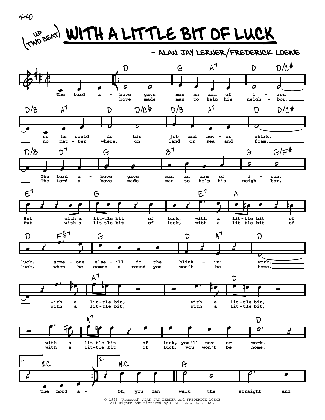 Learn to play Lerner & Loewe With A Little Bit Of Luck (High Voice) sheet music for Real Book – Melody, Lyrics & Chords in minutes. Price: 5.9900$ Lerner & Loewe With A Little Bit Of Luck (High Voice) sheet music notes and chords arranged for Real Book – Melody, Lyrics & Chords