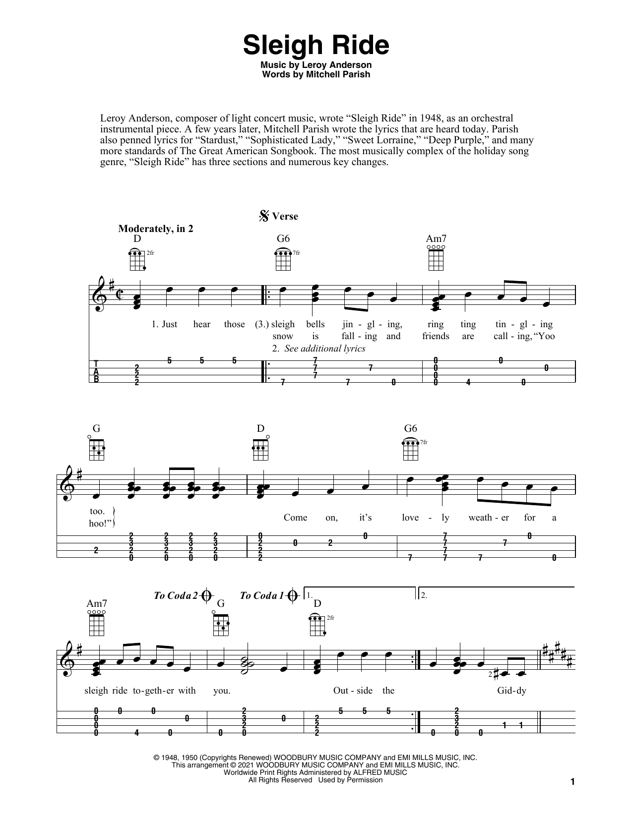 Learn to play Leroy Anderson Sleigh Ride (arr. Fred Sokolow) sheet music for Ukulele in minutes. Price: 5.9900$ Leroy Anderson Sleigh Ride (arr. Fred Sokolow) sheet music notes and chords arranged for Ukulele