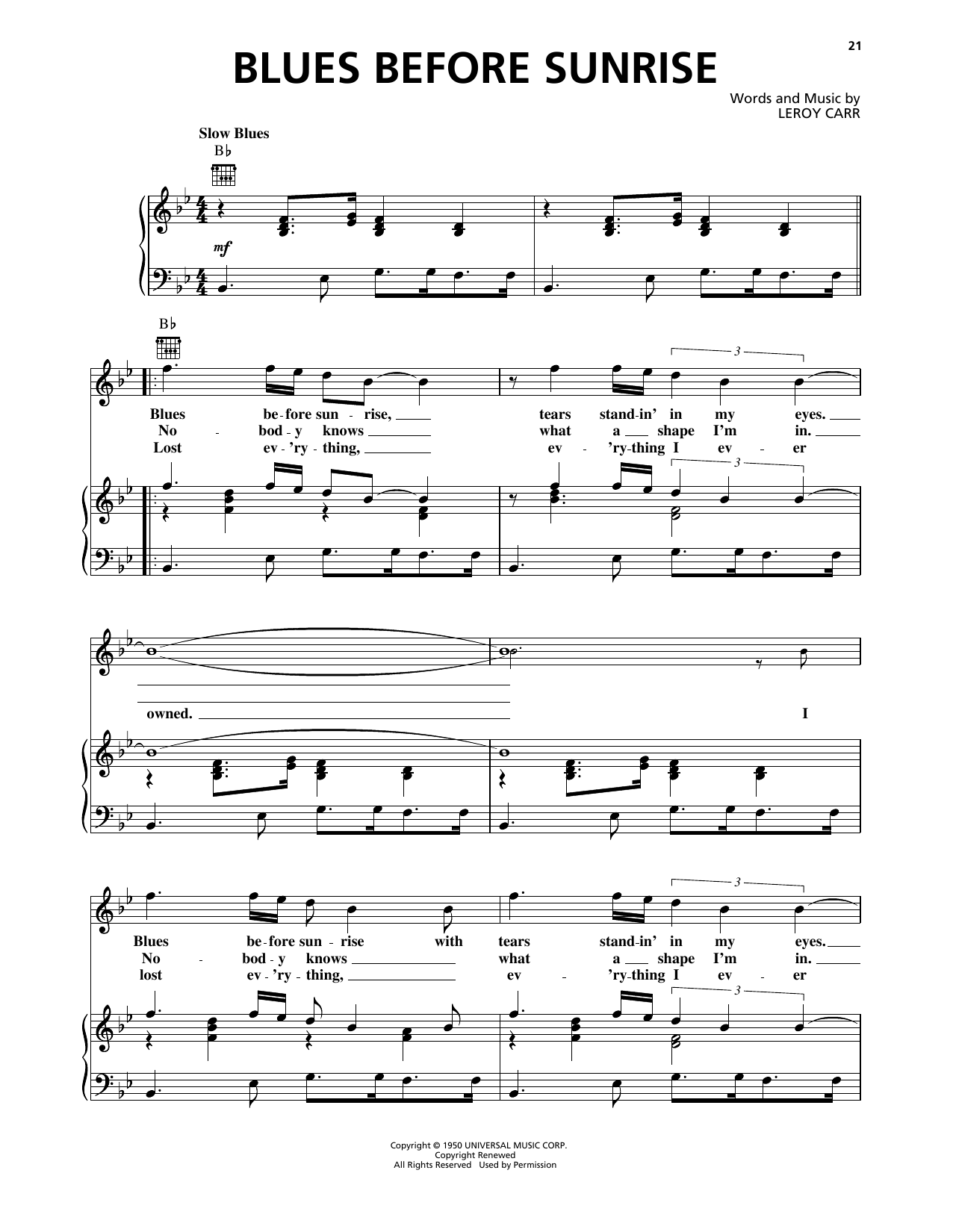 Leroy Carr Blues Before Sunrise sheet music notes and chords arranged for Piano, Vocal & Guitar Chords (Right-Hand Melody)