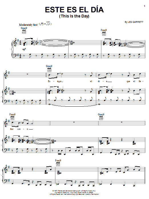 Learn to play Les Garrett Este Es El Dia (This Is The Day) sheet music for Piano, Vocal & Guitar Chords (Right-Hand Melody) in minutes. Price: 7.8900$ Les Garrett Este Es El Dia (This Is The Day) sheet music notes and chords arranged for Piano, Vocal & Guitar Chords (Right-Hand Melody)