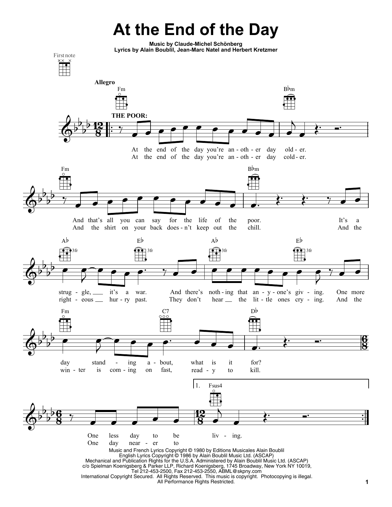 Learn to play Les Miserables (Movie) At The End Of The Day sheet music for Ukulele in minutes. Price: 5.9900$ Les Miserables (Movie) At The End Of The Day sheet music notes and chords arranged for Ukulele