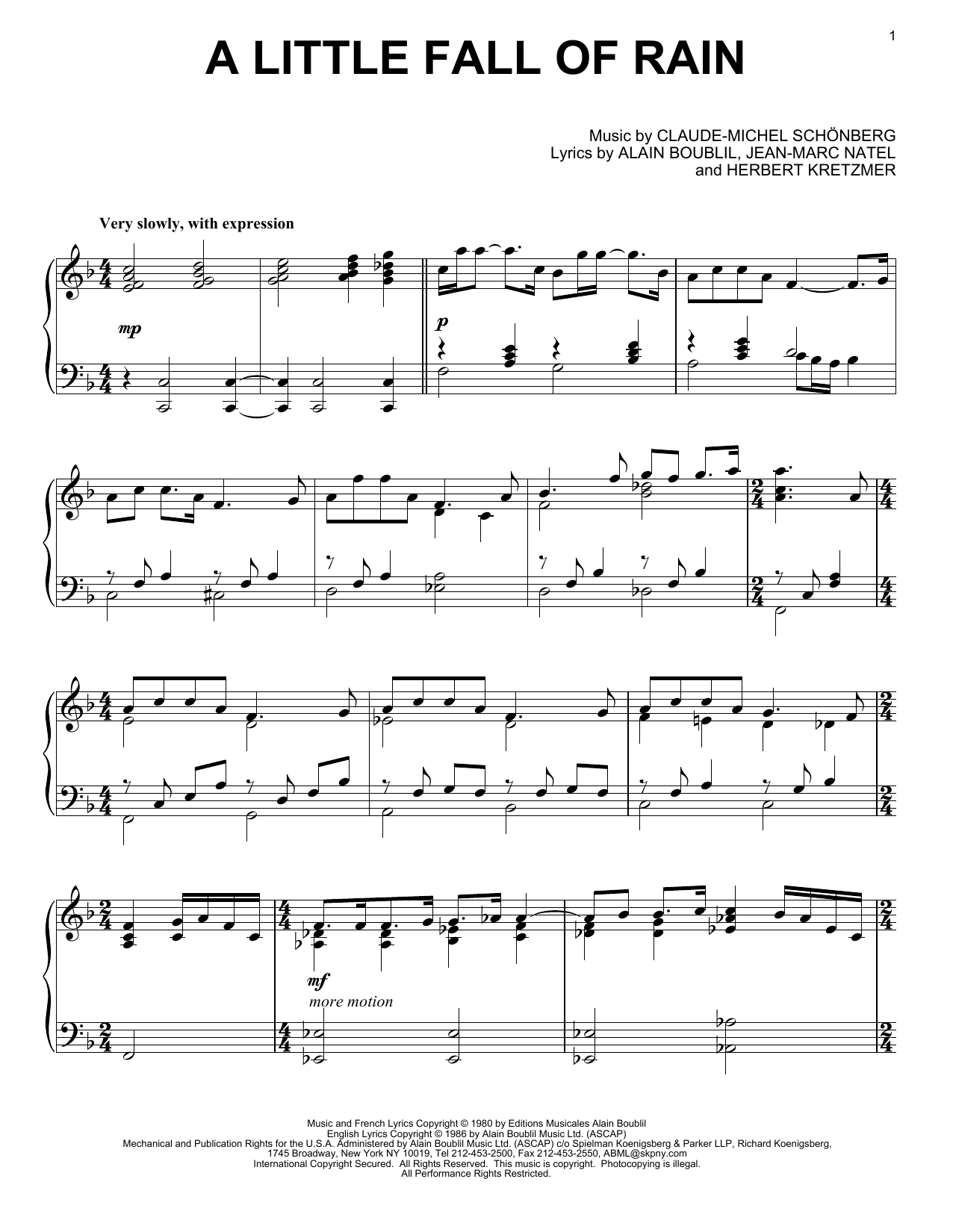 Les Miserables (Musical) A Little Fall Of Rain sheet music notes and chords. Download Printable PDF.