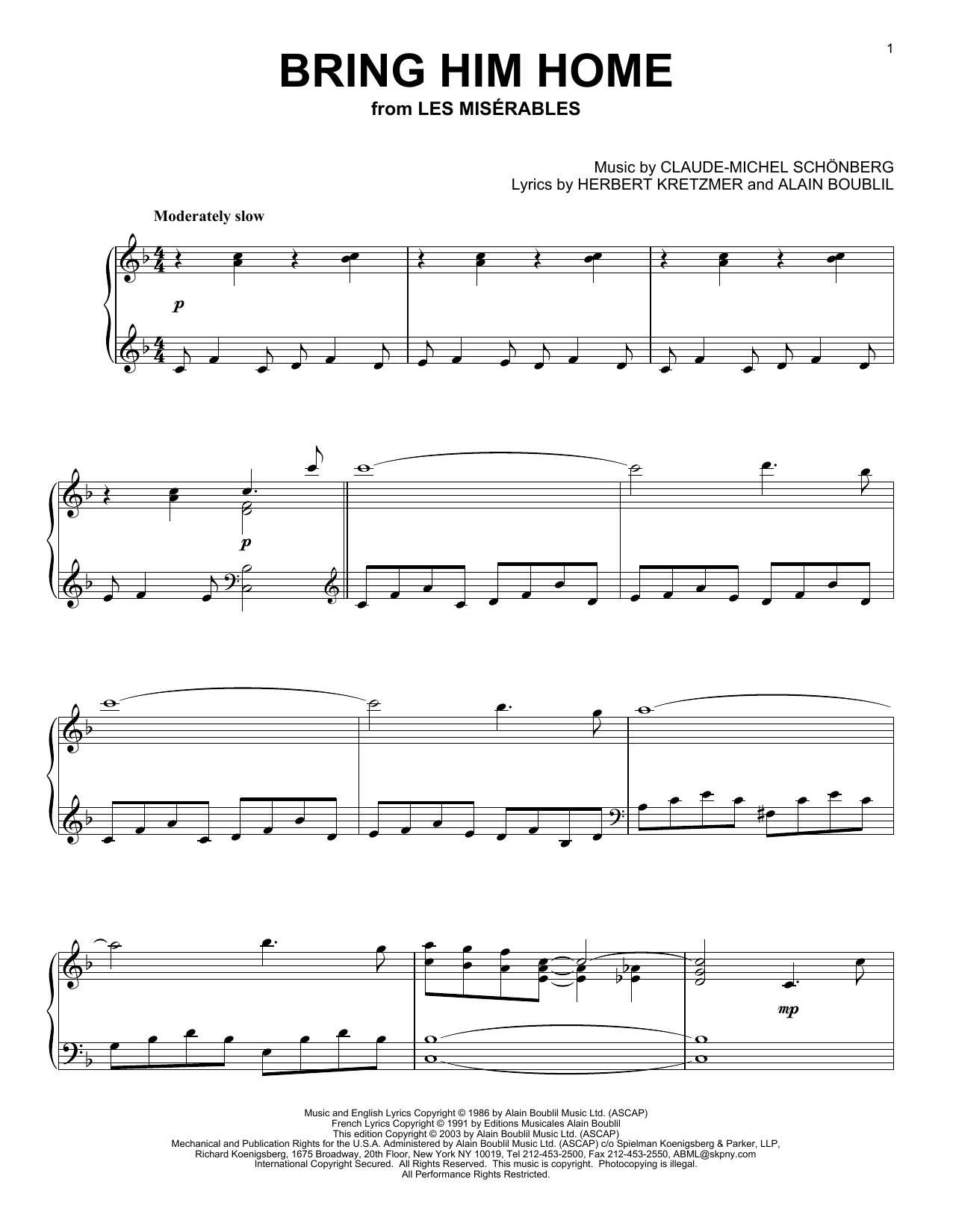 Les Miserables (Musical) Bring Him Home (from Les Miserables) sheet music notes and chords. Download Printable PDF.