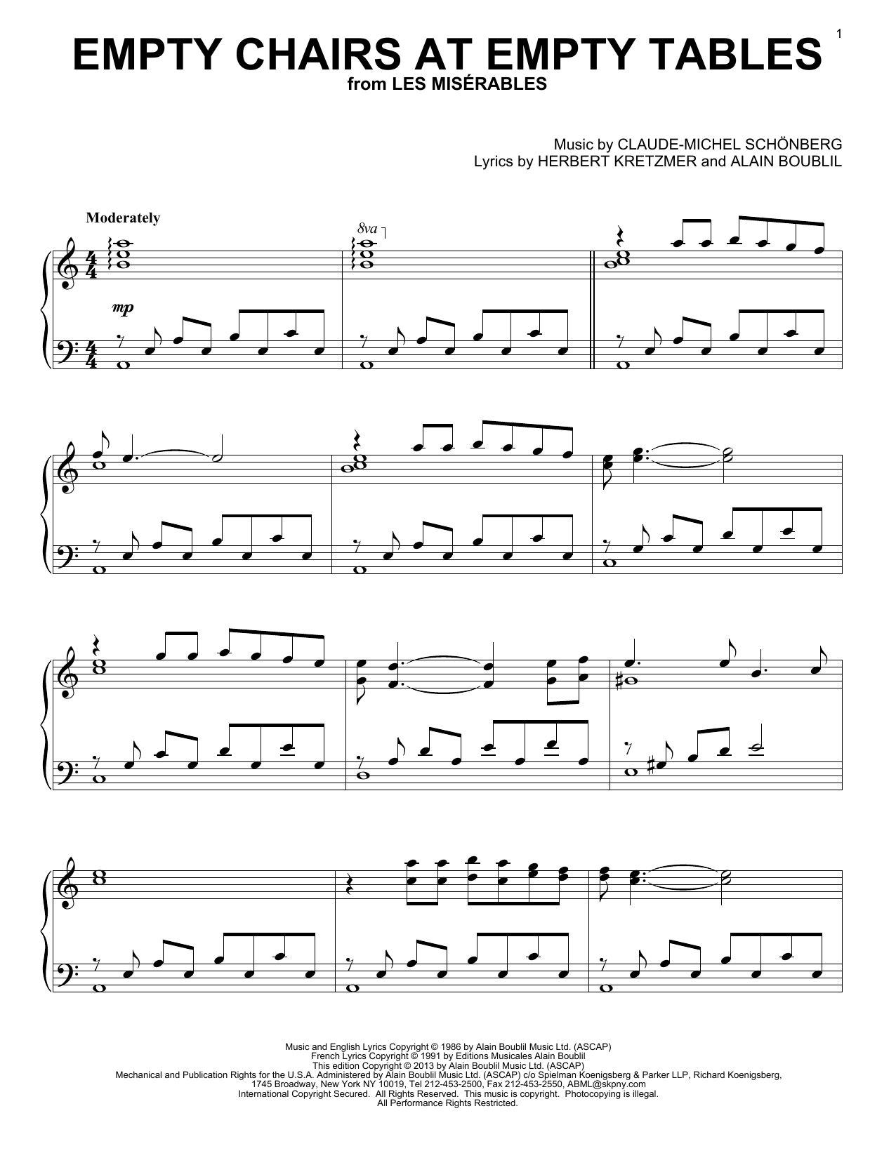 Les Miserables (Musical) Empty Chairs At Empty Tables sheet music notes and chords. Download Printable PDF.