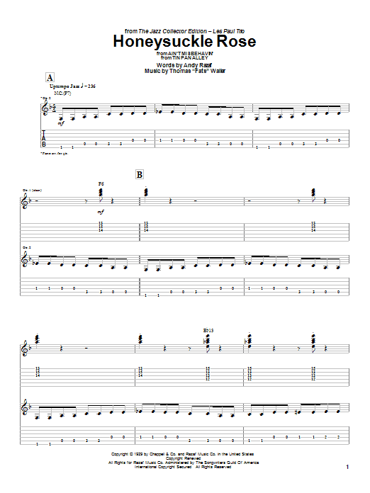 Learn to play Les Paul Honeysuckle Rose sheet music for Guitar Tab in minutes. Price: 7.8900$ Les Paul Honeysuckle Rose sheet music notes and chords arranged for Guitar Tab