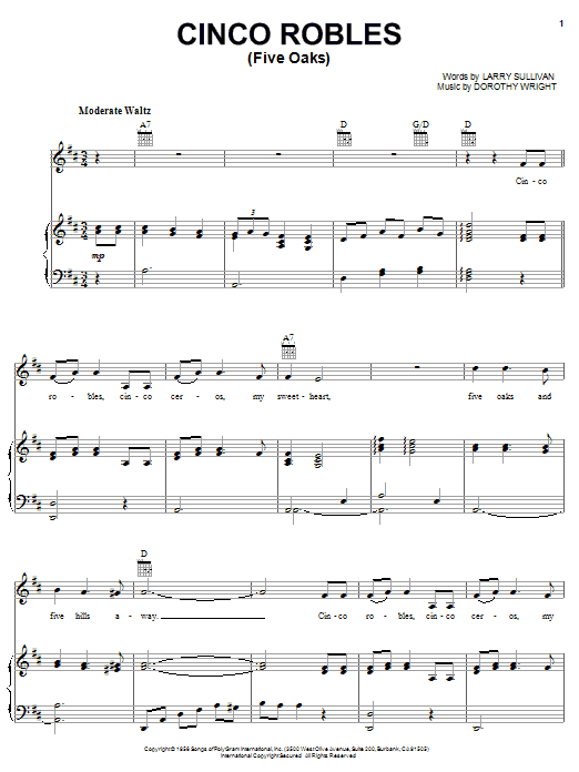 Learn to play Les Paul & Mary Ford Cinco Robles (Five Oaks) sheet music for Piano, Vocal & Guitar Chords (Right-Hand Melody) in minutes. Price: 7.8900$ Les Paul & Mary Ford Cinco Robles (Five Oaks) sheet music notes and chords arranged for Piano, Vocal & Guitar Chords (Right-Hand Melody)