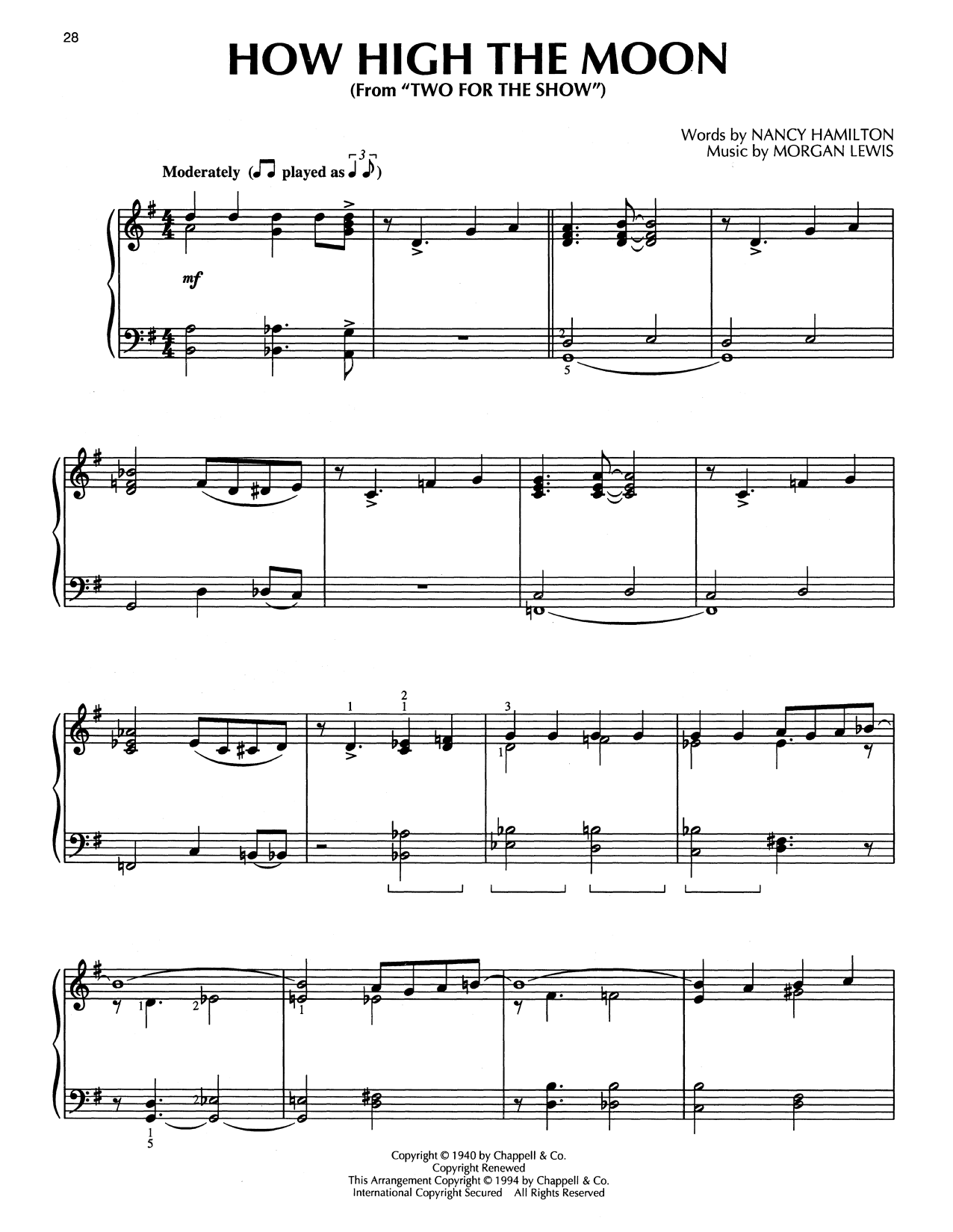 Learn to play Les Paul & Mary Ford How High The Moon (from Two For The Show) (arr. Bill Boyd) sheet music for Piano Solo in minutes. Price: 7.8900$ Les Paul & Mary Ford How High The Moon (from Two For The Show) (arr. Bill Boyd) sheet music notes and chords arranged for Piano Solo