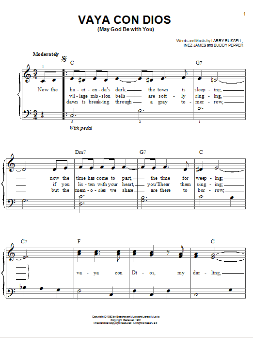 Les Paul & Mary Ford Vaya Con Dios (May God Be With You) sheet music notes and chords arranged for Easy Piano