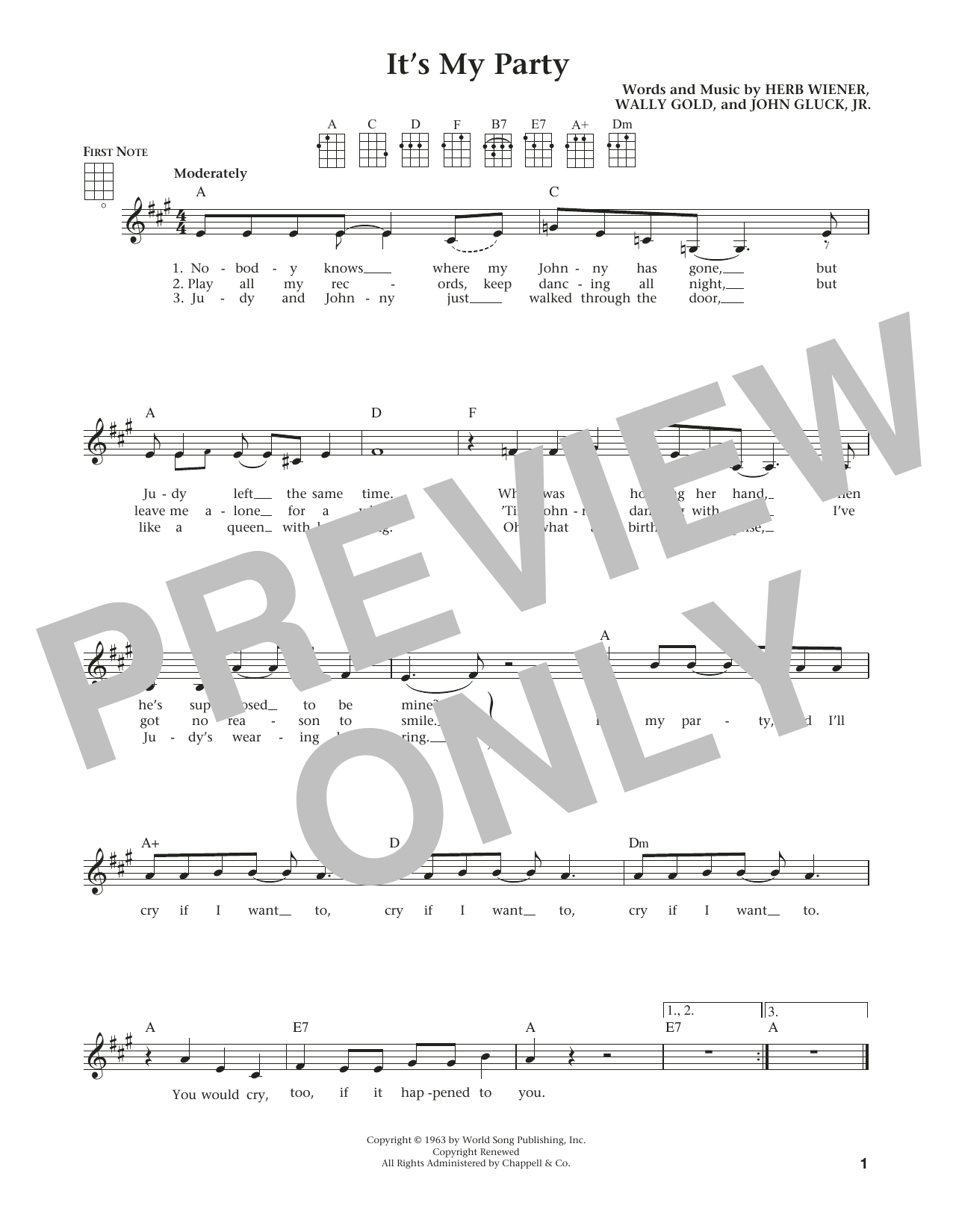 Learn to play Lesley Gore It's My Party (from The Daily Ukulele) (arr. Liz and Jim Beloff) sheet music for Ukulele in minutes. Price: 5.9900$ Lesley Gore It's My Party (from The Daily Ukulele) (arr. Liz and Jim Beloff) sheet music notes and chords arranged for Ukulele