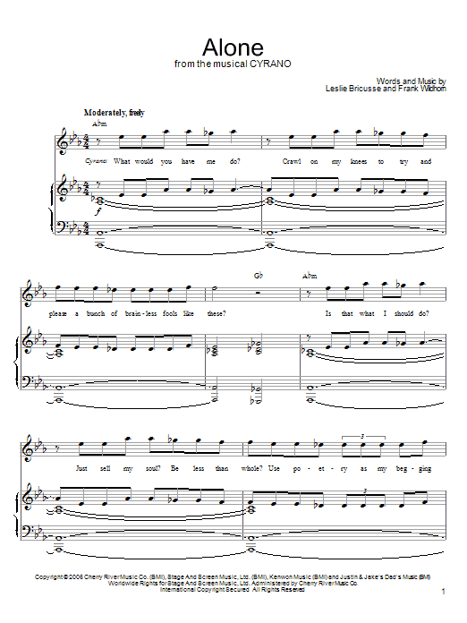 Learn to play Leslie Bricusse Alone sheet music for Piano, Vocal & Guitar Chords (Right-Hand Melody) in minutes. Price: 7.8900$ Leslie Bricusse Alone sheet music notes and chords arranged for Piano, Vocal & Guitar Chords (Right-Hand Melody)