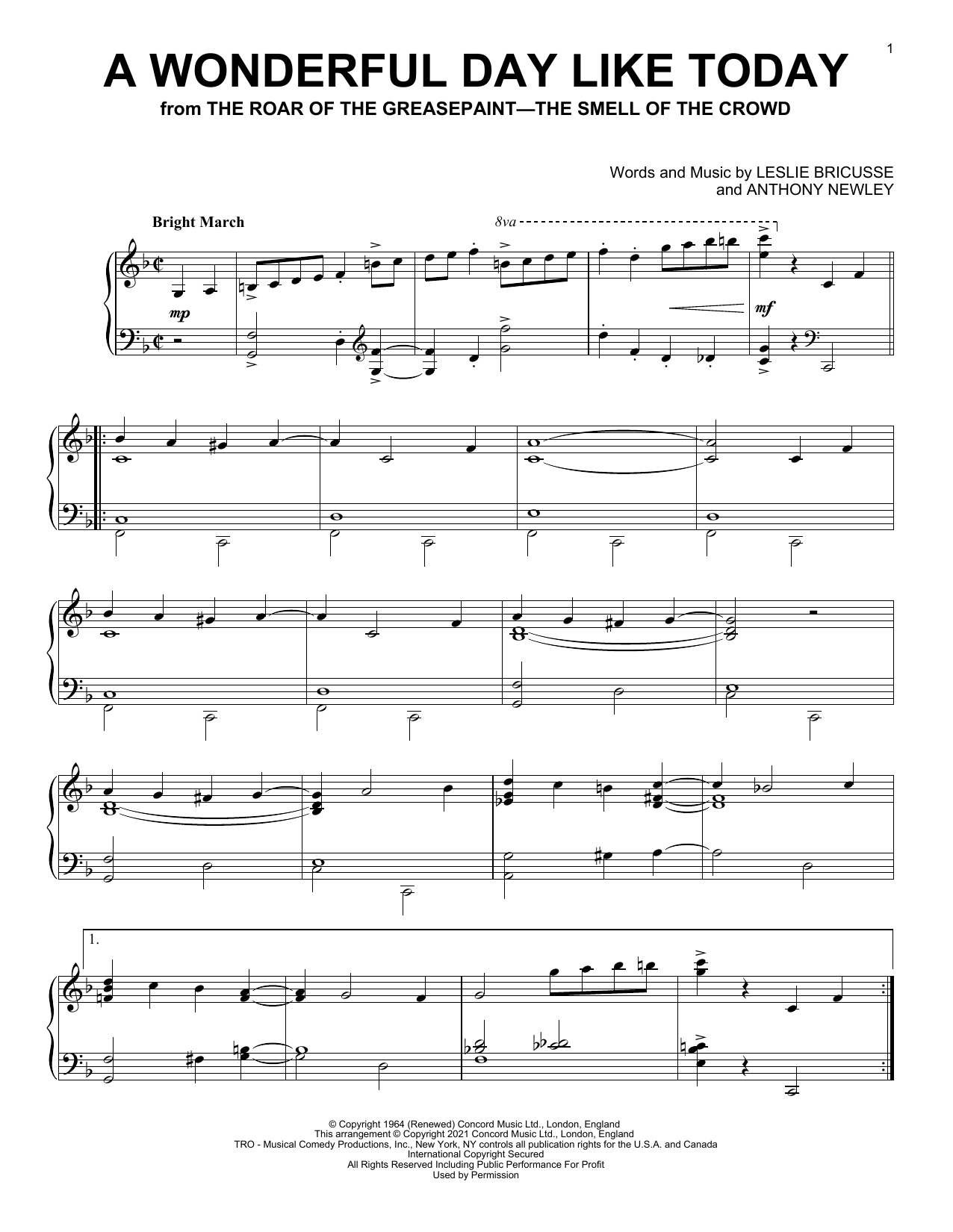 Learn to play Leslie Bricusse & Anthony Newley A Wonderful Day Like Today (from The Roar Of The Greasepaint - The Smell Of The Crowd) sheet music for Piano Solo in minutes. Price: 7.8900$ Leslie Bricusse & Anthony Newley A Wonderful Day Like Today (from The Roar Of The Greasepaint - The Smell Of The Crowd) sheet music notes and chords arranged for Piano Solo