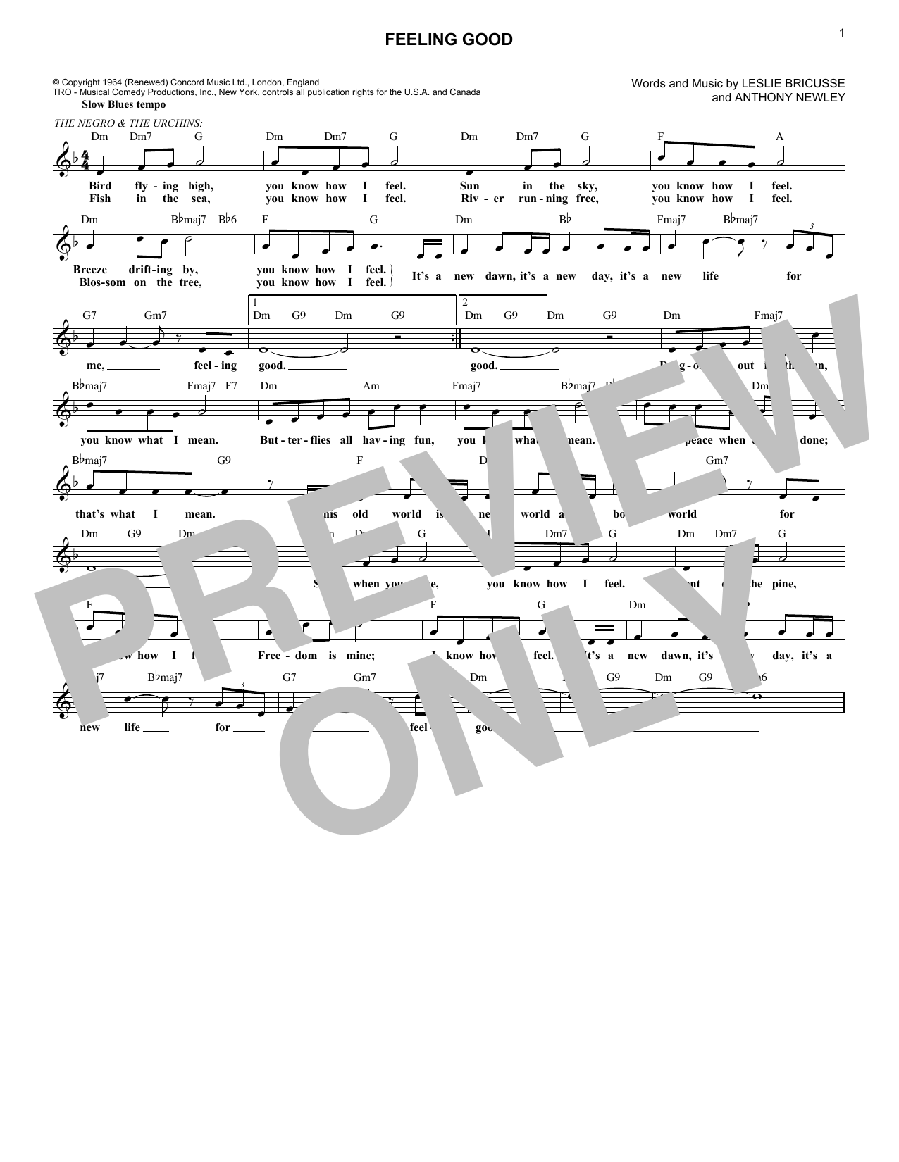 Leslie Bricusse Feeling Good sheet music notes and chords. Download Printable PDF.