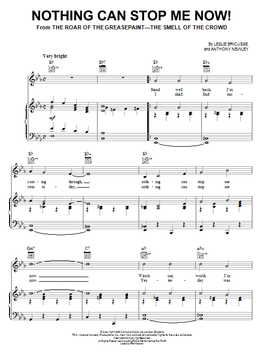 Learn to play Leslie Bricusse Nothing Can Stop Me Now! sheet music for Piano, Vocal & Guitar Chords (Right-Hand Melody) in minutes. Price: 7.8900$ Leslie Bricusse Nothing Can Stop Me Now! sheet music notes and chords arranged for Piano, Vocal & Guitar Chords (Right-Hand Melody)