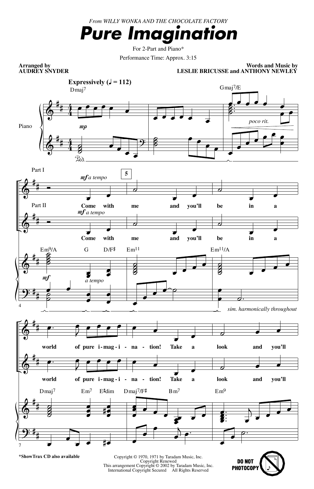 Leslie Bricusse Pure Imagination (from Willy Wonka & The Chocolate Factory) (arr. Audrey Snyder) sheet music notes and chords. Download Printable PDF.