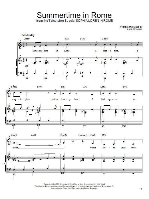 Learn to play Leslie Bricusse Summertime In Rome sheet music for Piano, Vocal & Guitar Chords (Right-Hand Melody) in minutes. Price: 7.8900$ Leslie Bricusse Summertime In Rome sheet music notes and chords arranged for Piano, Vocal & Guitar Chords (Right-Hand Melody)
