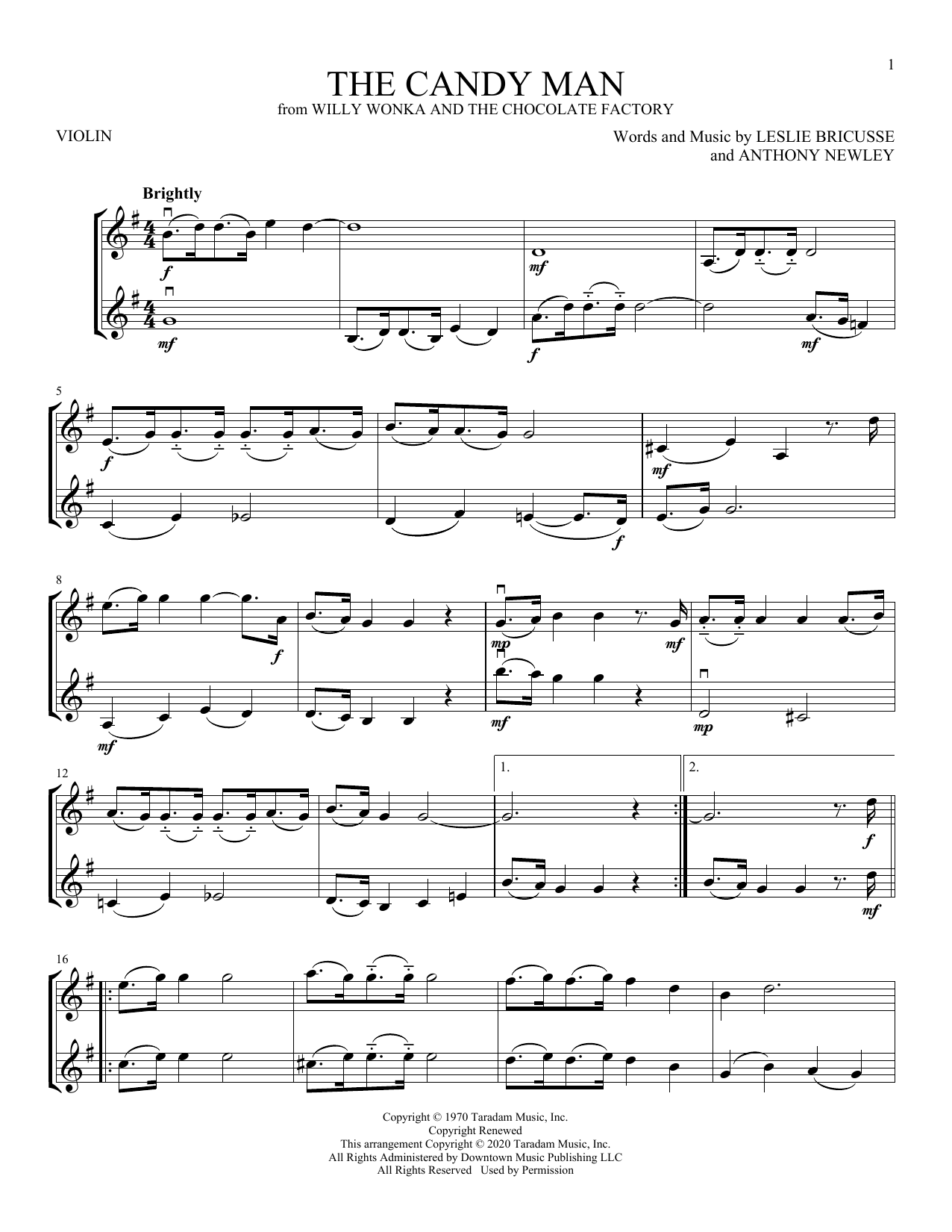 Learn to play Leslie Bricusse The Candy Man (from Willy Wonka & The Chocolate Factory) sheet music for Violin Duet in minutes. Price: 6.9900$ Leslie Bricusse The Candy Man (from Willy Wonka & The Chocolate Factory) sheet music notes and chords arranged for Violin Duet