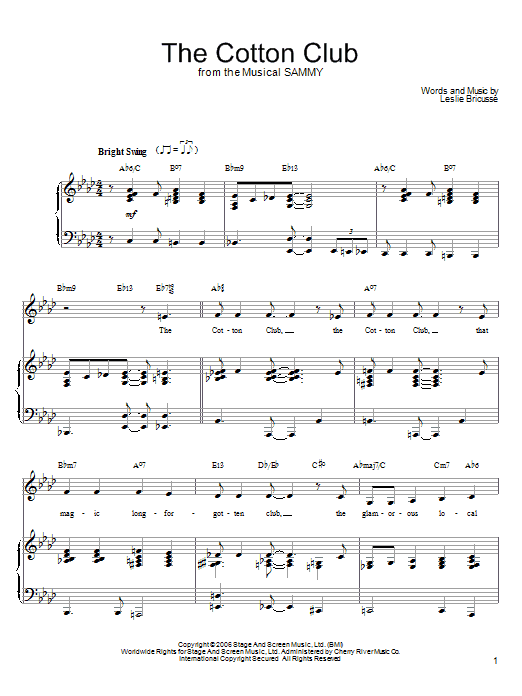 Learn to play Leslie Bricusse The Cotton Club sheet music for Piano, Vocal & Guitar Chords (Right-Hand Melody) in minutes. Price: 7.8900$ Leslie Bricusse The Cotton Club sheet music notes and chords arranged for Piano, Vocal & Guitar Chords (Right-Hand Melody)
