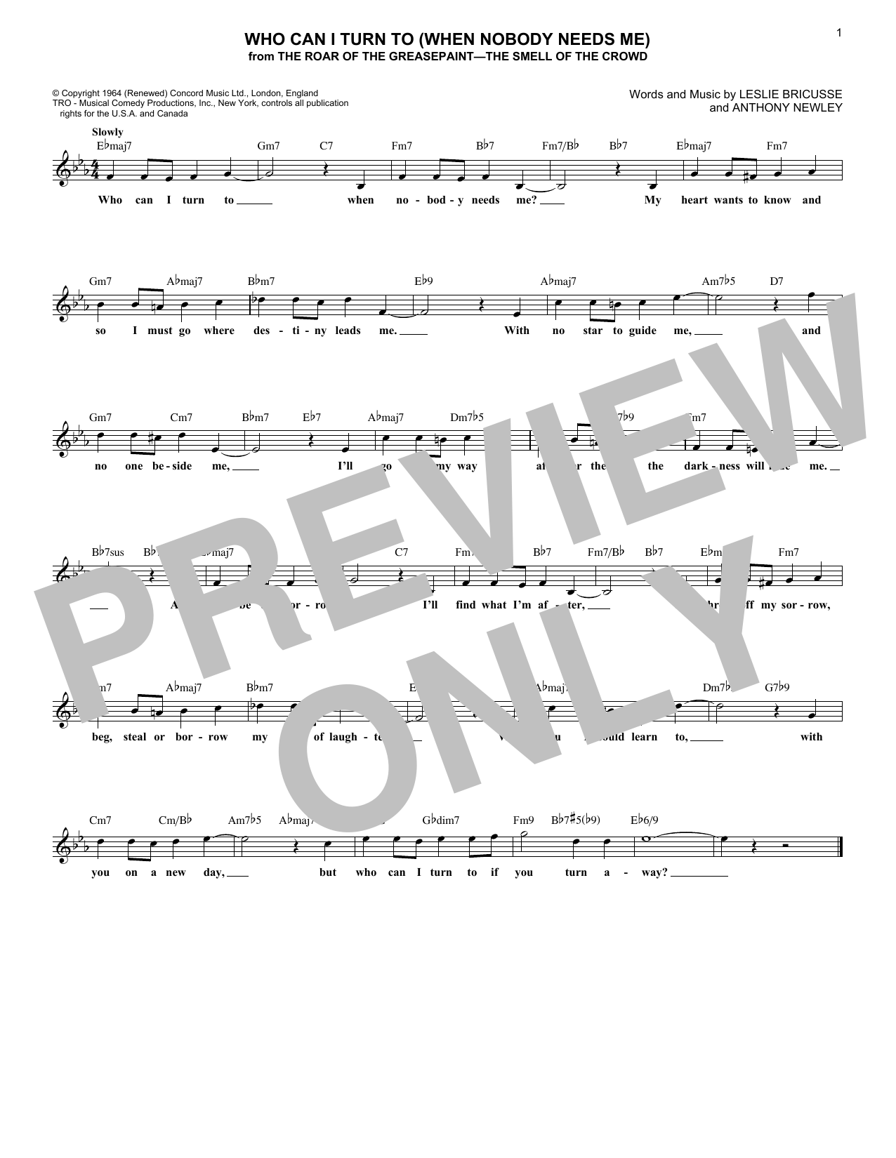 Leslie Bricusse Who Can I Turn To (When Nobody Needs Me) sheet music notes and chords. Download Printable PDF.