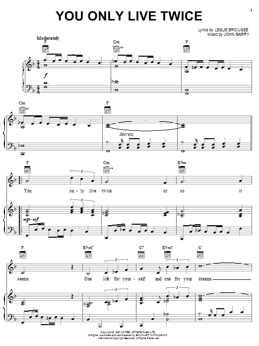 Nancy Sinatra You Only Live Twice (theme from the James Bond film) sheet music notes and chords. Download Printable PDF.