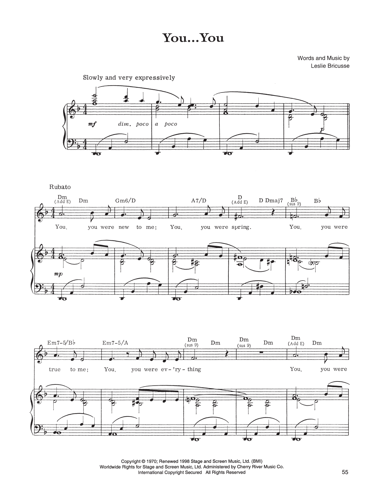 Learn to play Leslie Bricusse You... You sheet music for Piano, Vocal & Guitar Chords (Right-Hand Melody) in minutes. Price: 7.8900$ Leslie Bricusse You... You sheet music notes and chords arranged for Piano, Vocal & Guitar Chords (Right-Hand Melody)