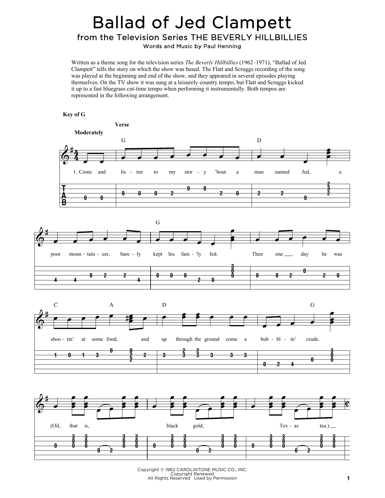 Lester Flatt & Earl Scruggs Ballad Of Jed Clampett (from The Beverly Hillbillies) (arr. Fred Sokolow) sheet music notes and chords. Download Printable PDF.