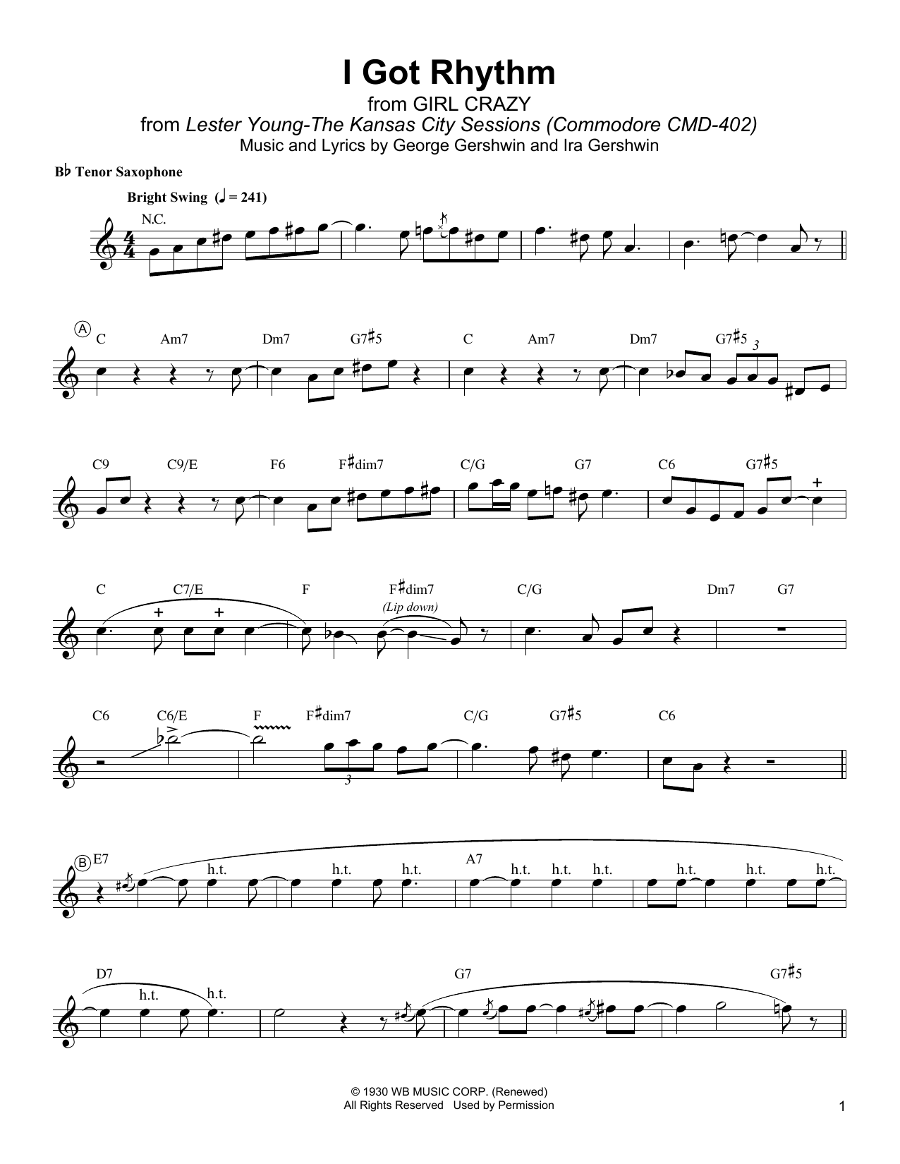 Lester Young I Got Rhythm sheet music notes and chords. Download Printable PDF.