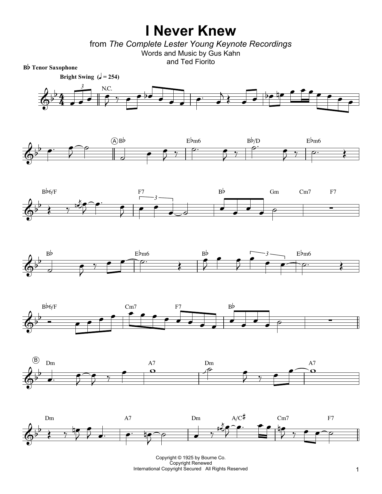 Learn to play Lester Young I Never Knew sheet music for Tenor Sax Transcription in minutes. Price: 6.9900$ Lester Young I Never Knew sheet music notes and chords arranged for Tenor Sax Transcription