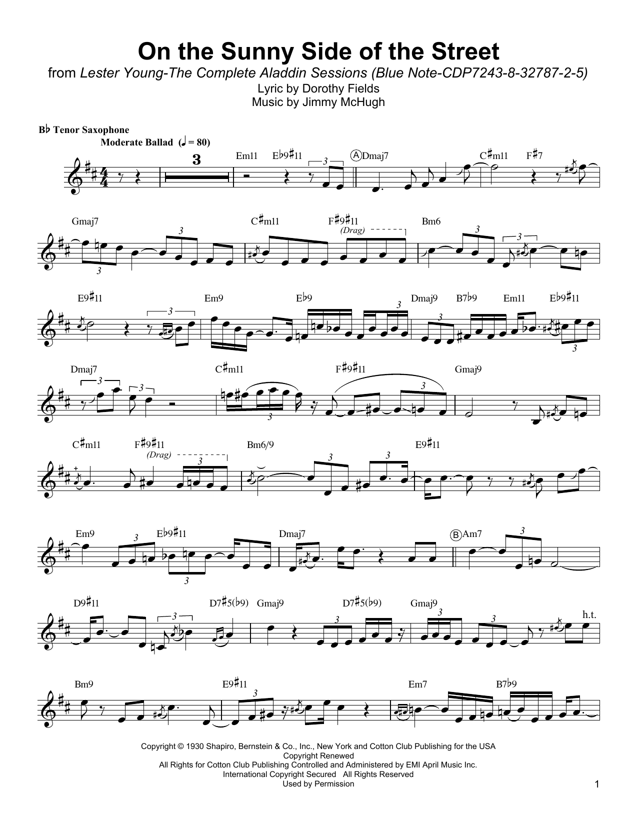 Lester Young On The Sunny Side Of The Street sheet music notes and chords. Download Printable PDF.