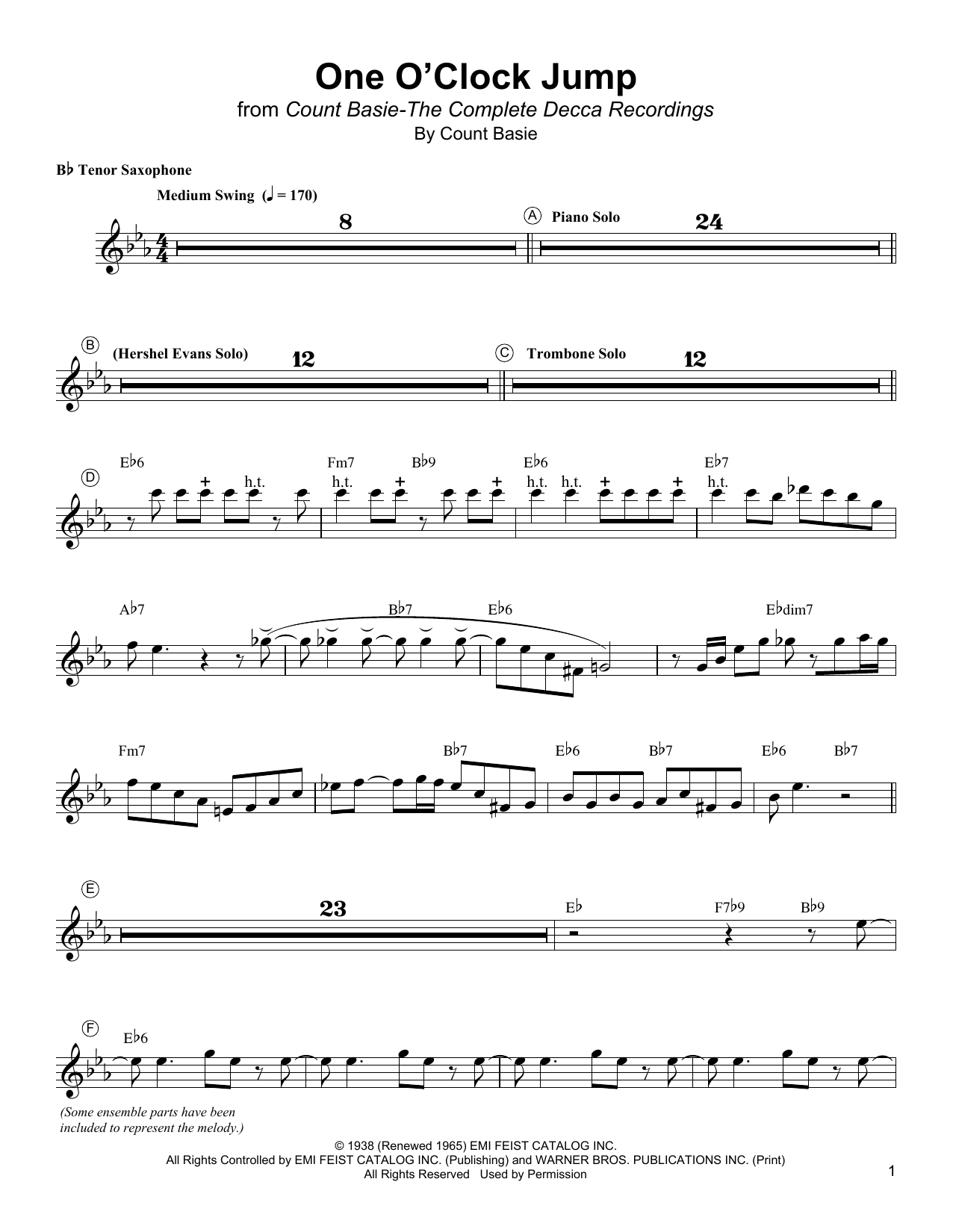 Lester Young One O'Clock Jump sheet music notes and chords. Download Printable PDF.