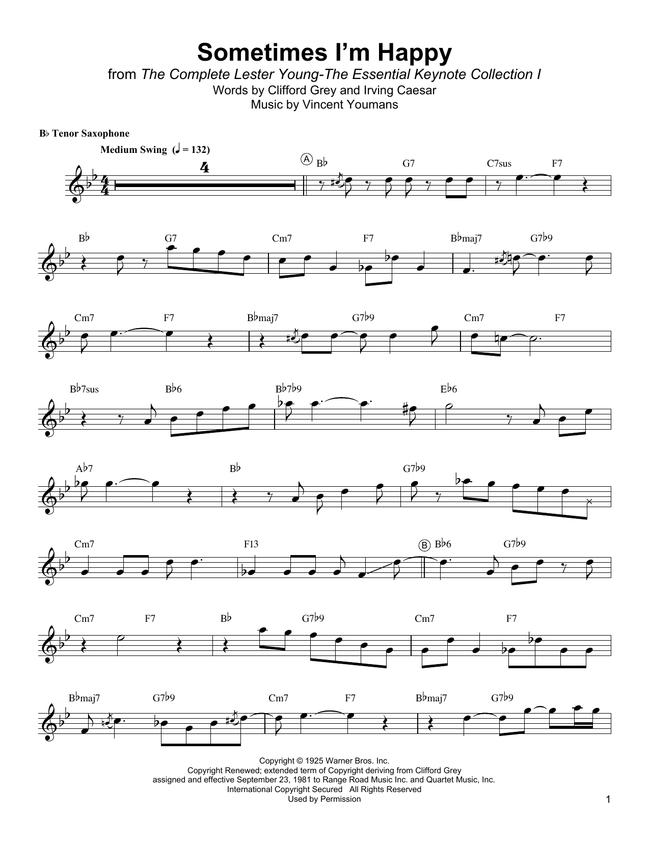 Lester Young Sometimes I'm Happy sheet music notes and chords. Download Printable PDF.