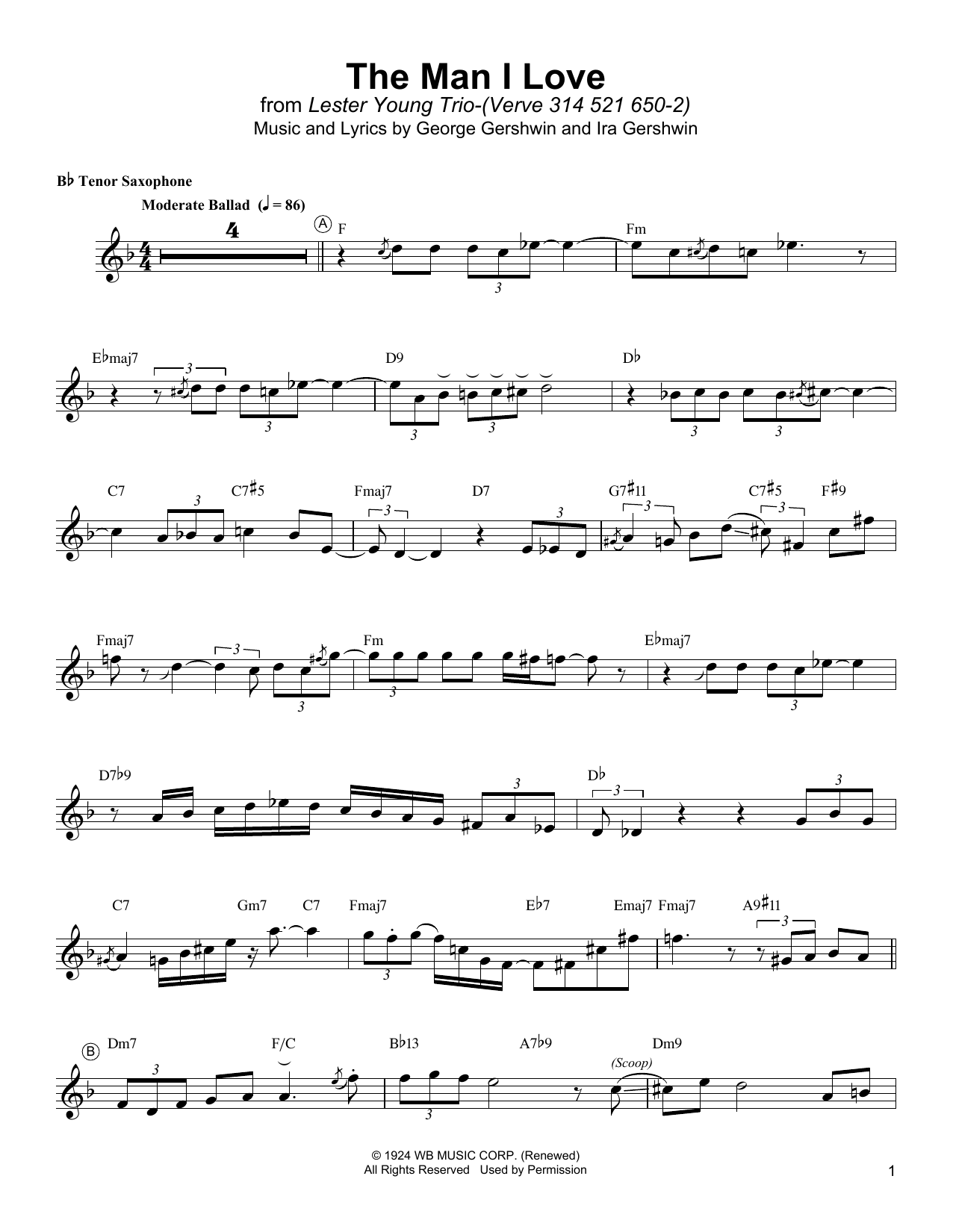 Lester Young The Man I Love sheet music notes and chords. Download Printable PDF.