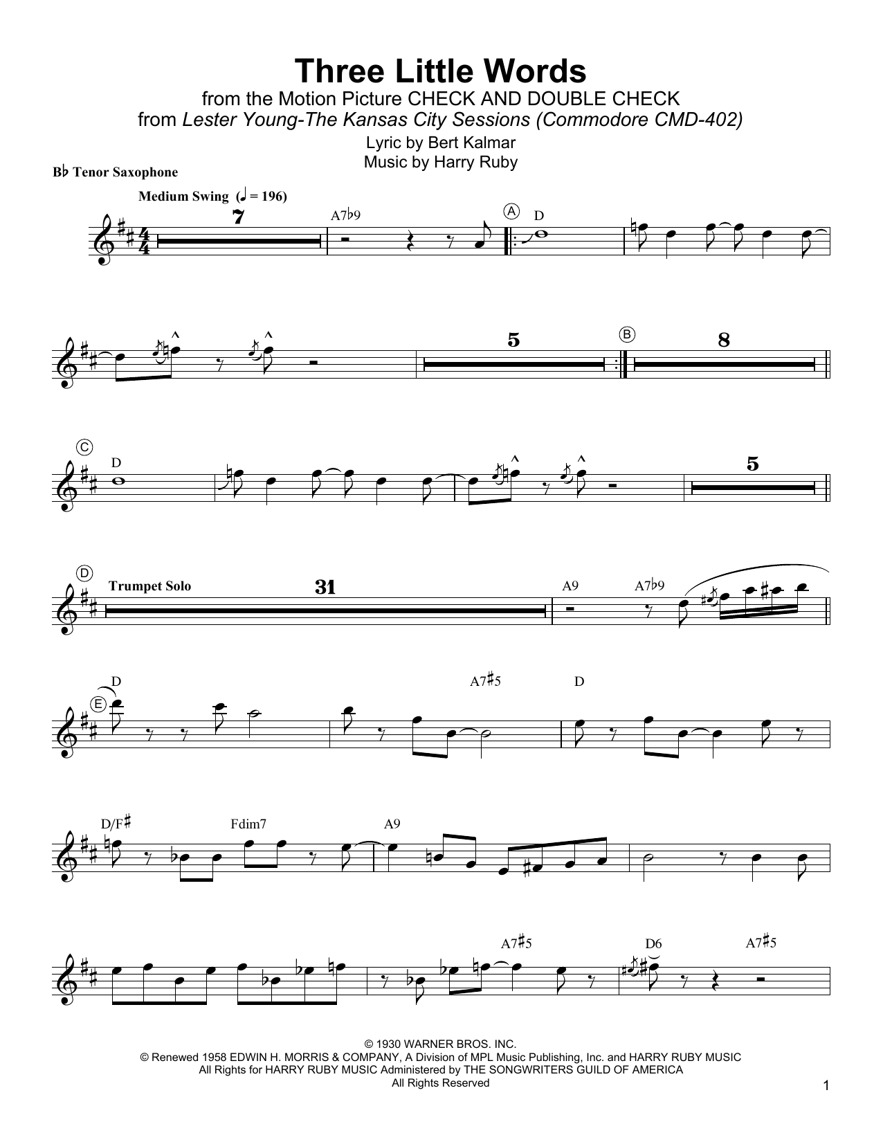 Lester Young Three Little Words sheet music notes and chords. Download Printable PDF.