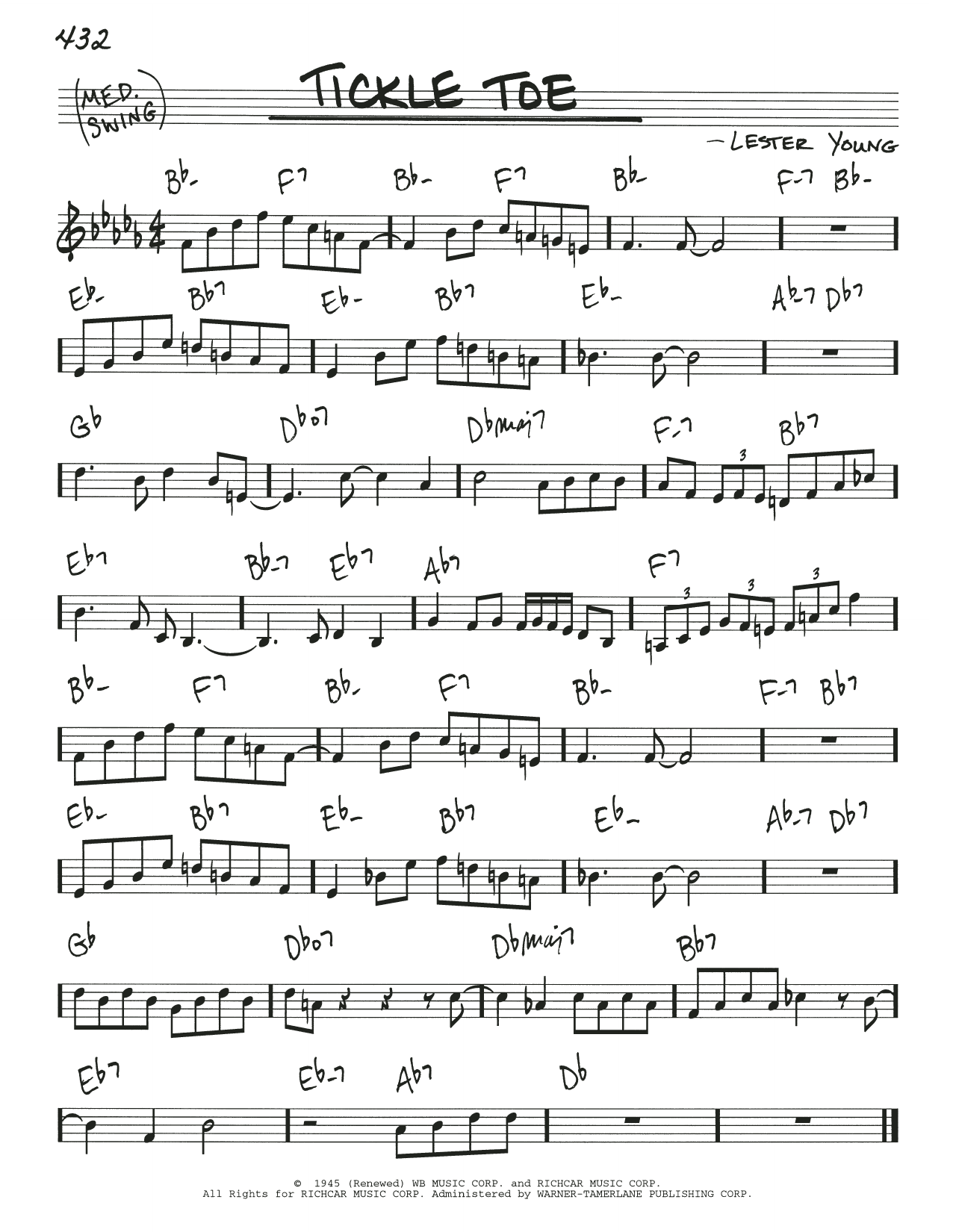 Learn to play Lester Young Tickle Toe sheet music for Real Book – Melody & Chords in minutes. Price: 5.9900$ Lester Young Tickle Toe sheet music notes and chords arranged for Real Book – Melody & Chords