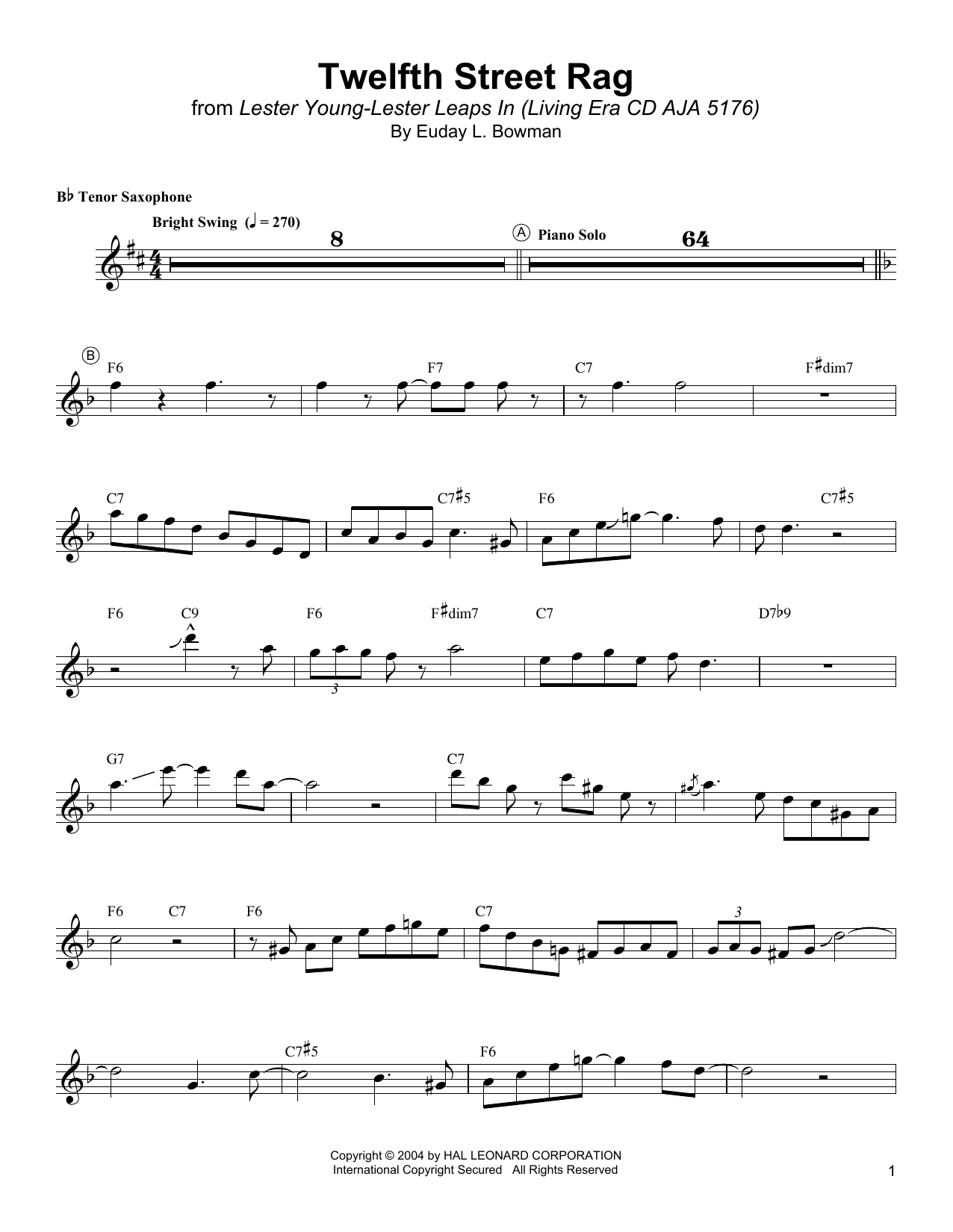 Learn to play Lester Young Twelfth Street Rag sheet music for Tenor Sax Transcription in minutes. Price: 6.9900$ Lester Young Twelfth Street Rag sheet music notes and chords arranged for Tenor Sax Transcription