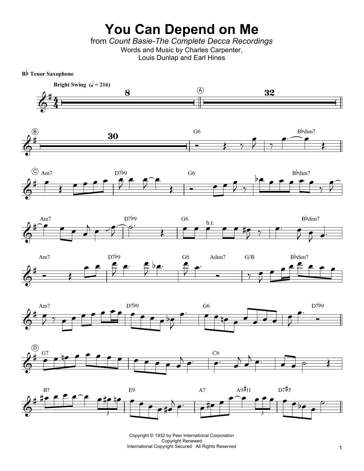 Lester Young You Can Depend On Me sheet music notes and chords. Download Printable PDF.