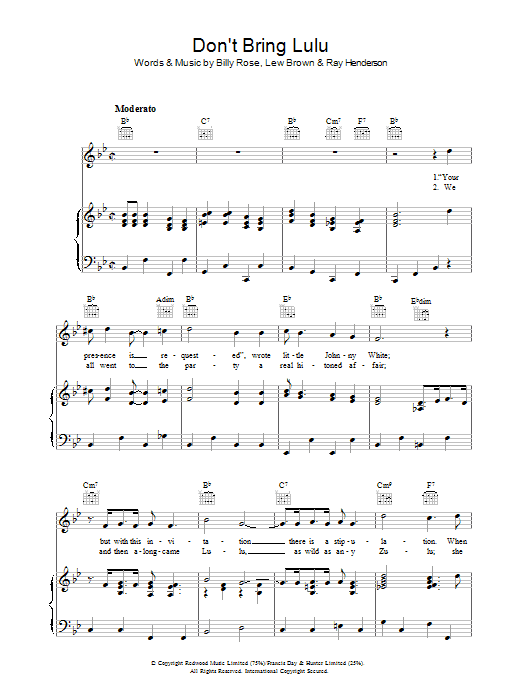 Learn to play Lew Brown Don't Bring Lulu sheet music for Piano, Vocal & Guitar Chords in minutes. Price: 7.8900$ Lew Brown Don't Bring Lulu sheet music notes and chords arranged for Piano, Vocal & Guitar Chords