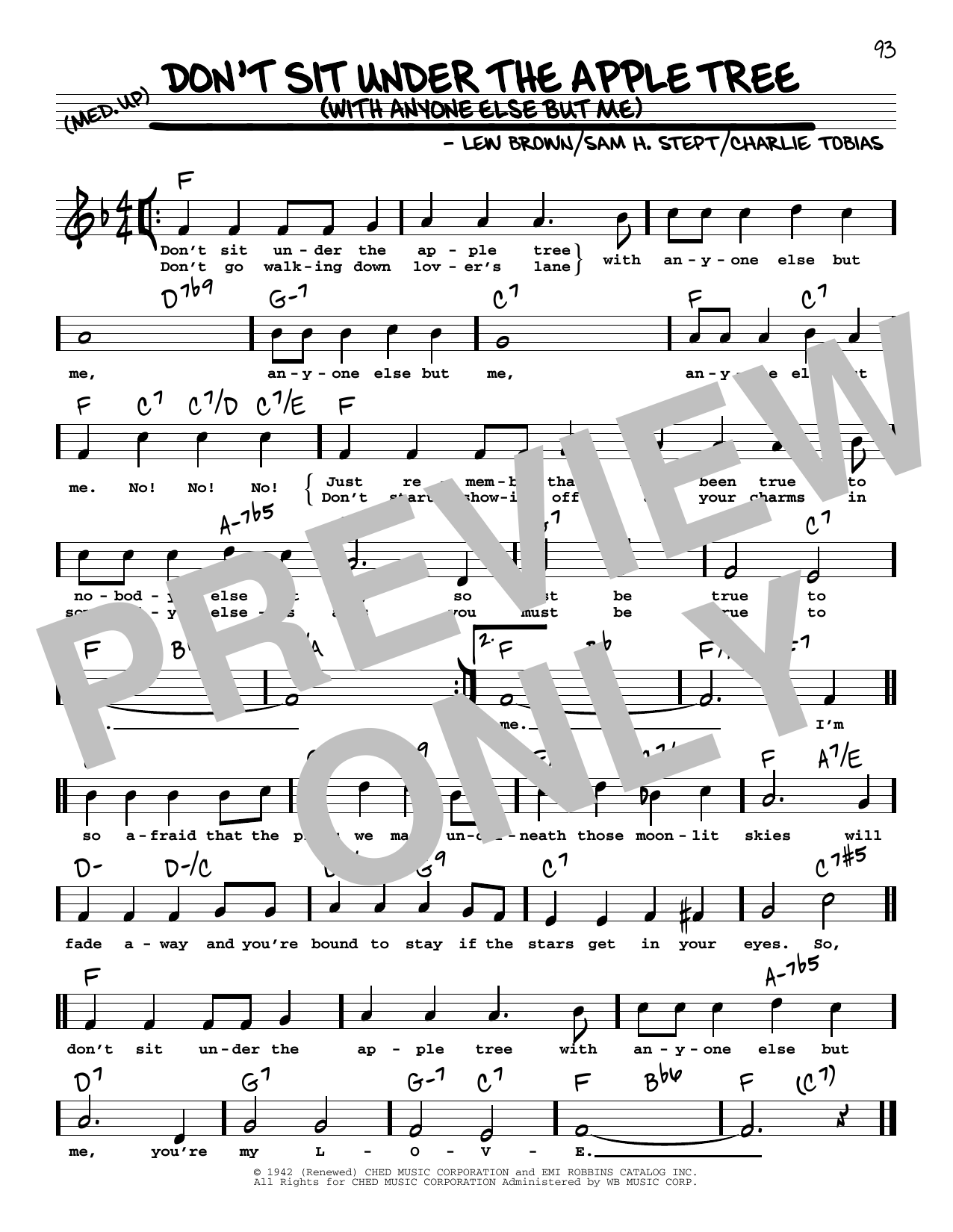 Learn to play Lew Brown Don't Sit Under The Apple Tree (With Anyone Else But Me) (High Voice) sheet music for Real Book – Melody, Lyrics & Chords in minutes. Price: 5.9900$ Lew Brown Don't Sit Under The Apple Tree (With Anyone Else But Me) (High Voice) sheet music notes and chords arranged for Real Book – Melody, Lyrics & Chords