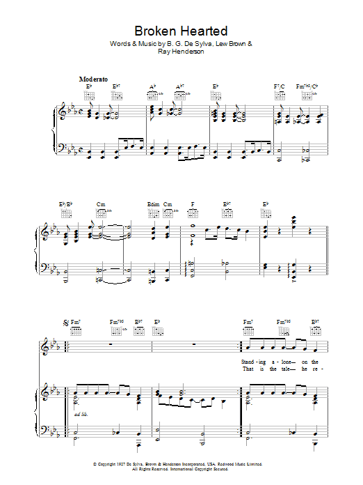 Learn to play Lew Brown (Here Am I) Broken Hearted sheet music for Piano, Vocal & Guitar Chords in minutes. Price: 7.8900$ Lew Brown (Here Am I) Broken Hearted sheet music notes and chords arranged for Piano, Vocal & Guitar Chords