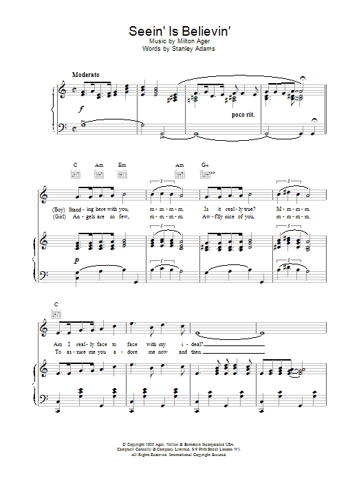 Learn to play Lew Stone Seein' Is Believin' sheet music for Piano, Vocal & Guitar Chords in minutes. Price: 7.8900$ Lew Stone Seein' Is Believin' sheet music notes and chords arranged for Piano, Vocal & Guitar Chords