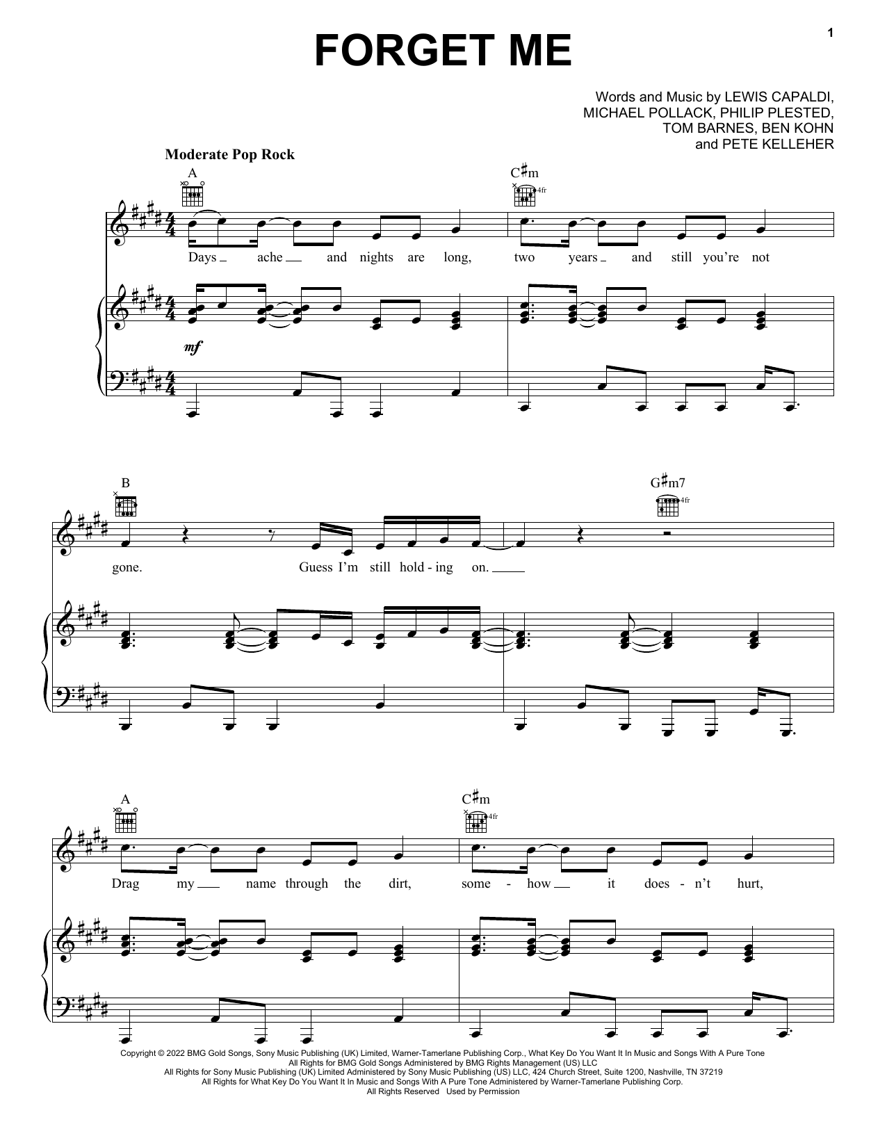 Lewis Capaldi Forget Me sheet music notes and chords. Download Printable PDF.