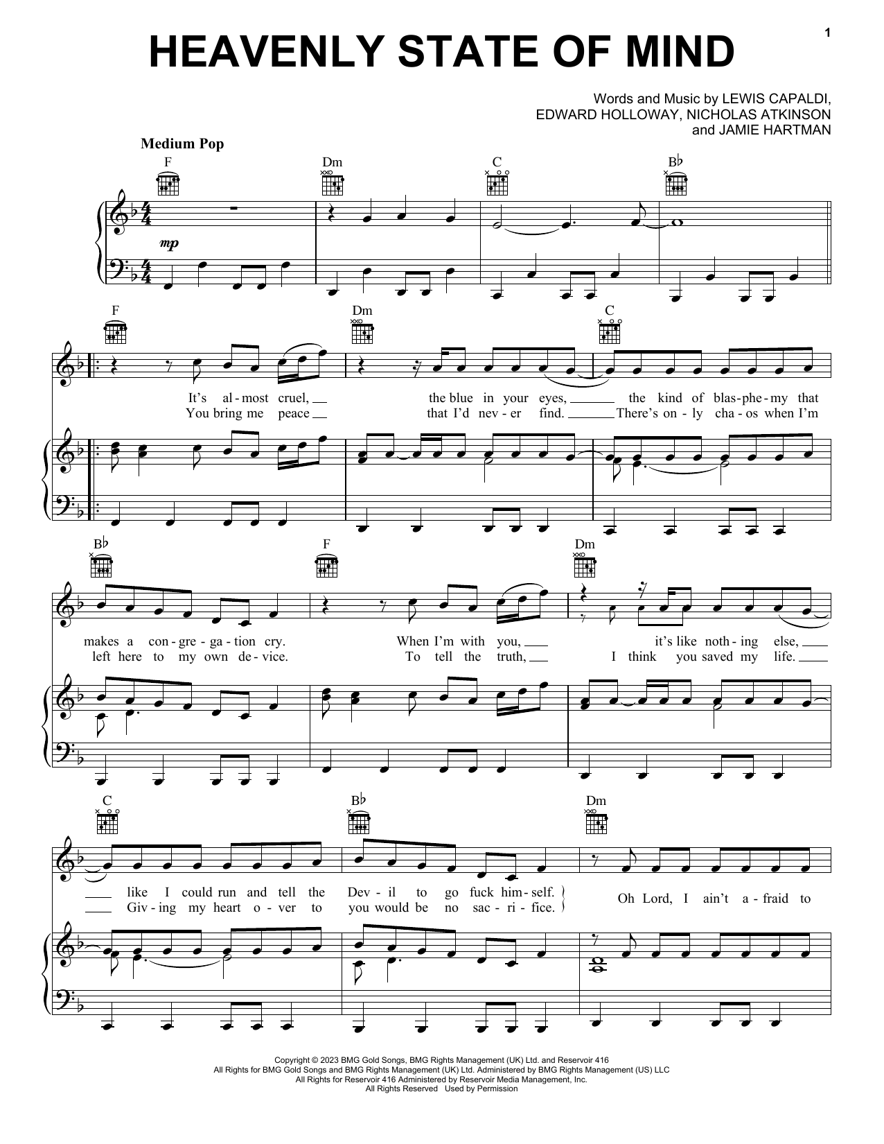 Lewis Capaldi Heavenly Kind Of State Of Mind sheet music notes and chords. Download Printable PDF.