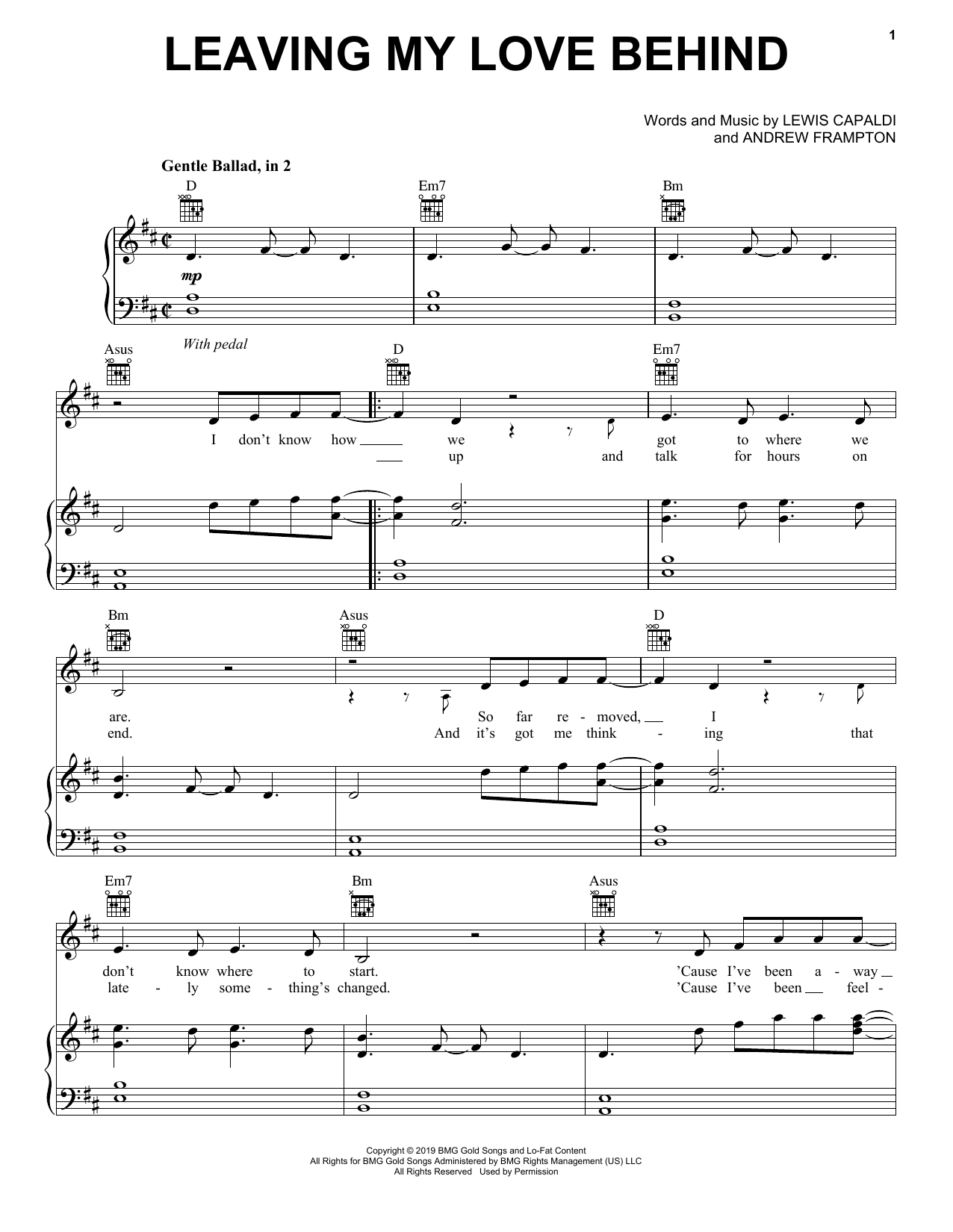 Lewis Capaldi Leaving My Love Behind sheet music notes and chords. Download Printable PDF.