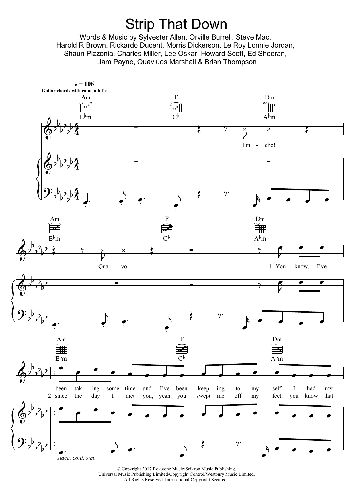 Learn to play Liam Payne Strip That Down (feat. Quavo) sheet music for Piano, Vocal & Guitar Chords in minutes. Price: 7.8900$ Liam Payne Strip That Down (feat. Quavo) sheet music notes and chords arranged for Piano, Vocal & Guitar Chords