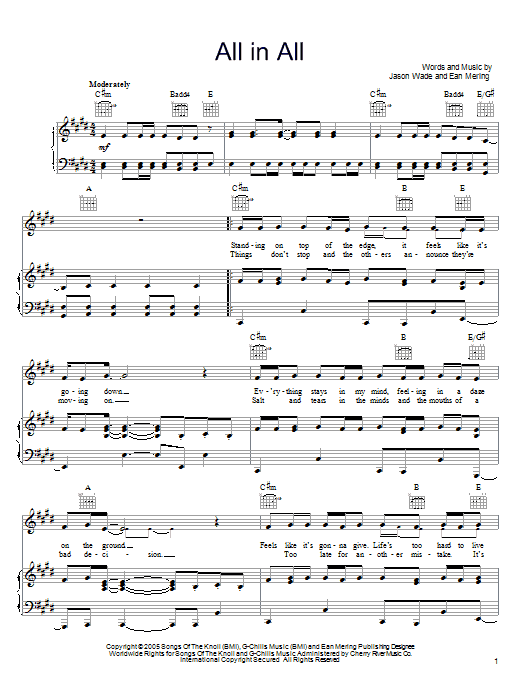 Learn to play Lifehouse All In All sheet music for Piano, Vocal & Guitar Chords (Right-Hand Melody) in minutes. Price: 7.8900$ Lifehouse All In All sheet music notes and chords arranged for Piano, Vocal & Guitar Chords (Right-Hand Melody)