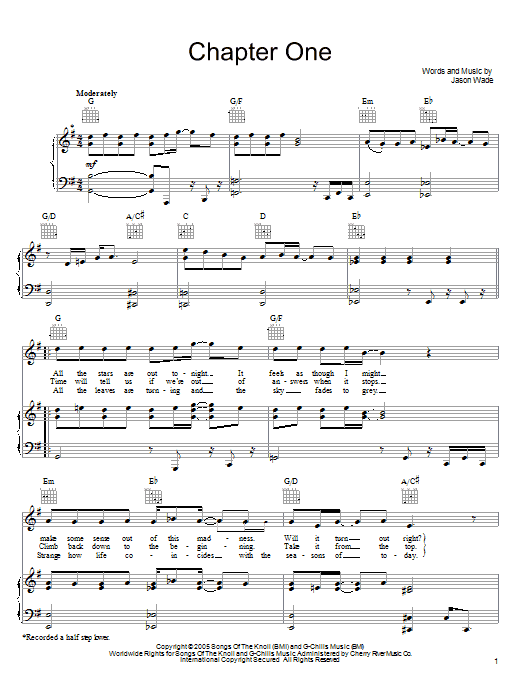 Learn to play Lifehouse Chapter One sheet music for Piano, Vocal & Guitar Chords (Right-Hand Melody) in minutes. Price: 7.8900$ Lifehouse Chapter One sheet music notes and chords arranged for Piano, Vocal & Guitar Chords (Right-Hand Melody)