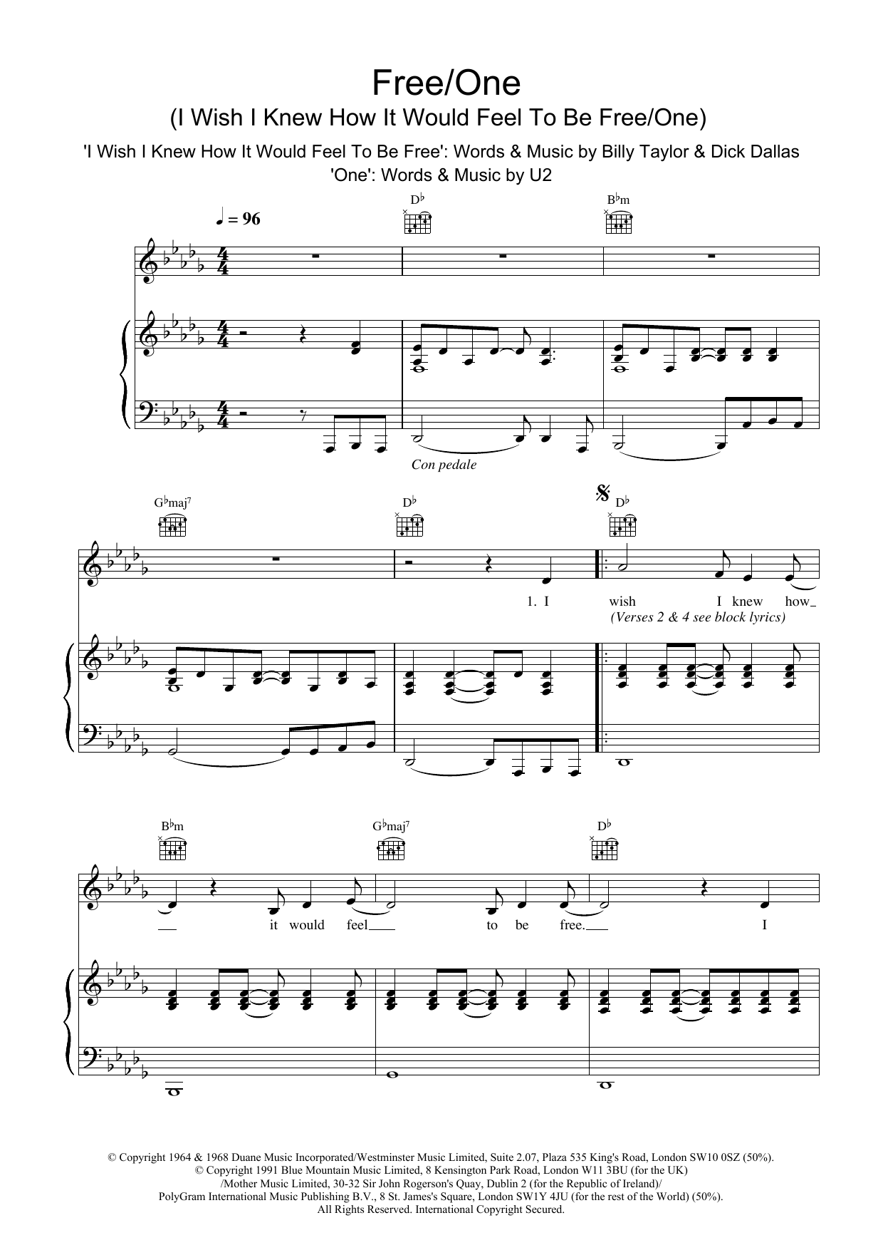 The Lighthouse Family Free/One (I Wish I Knew How It Would Feel To Be & One) sheet music notes and chords arranged for Piano, Vocal & Guitar Chords